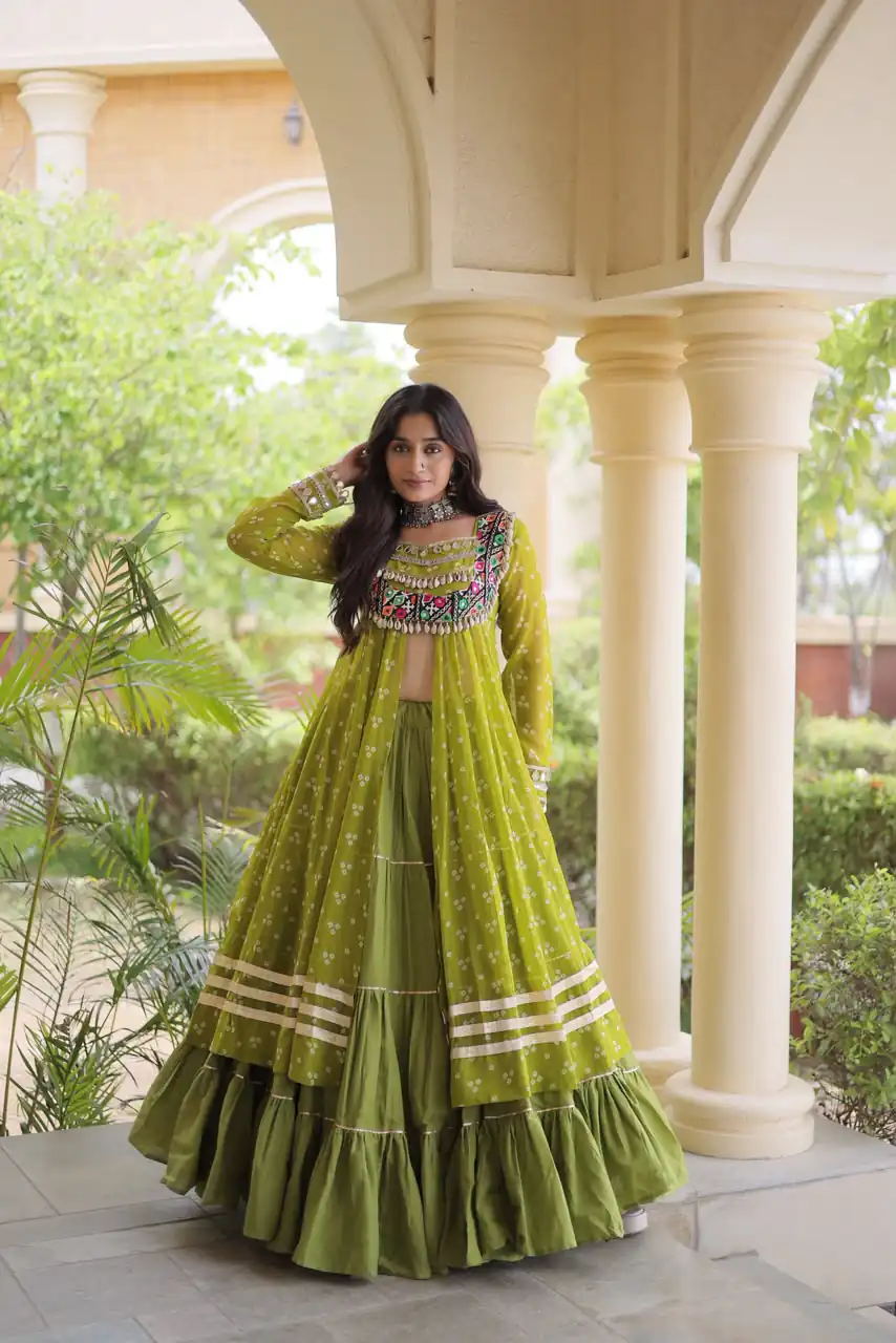 Perfect Mahendi Faux Georgette Patchwork Work Lehenga Choli - Image 3