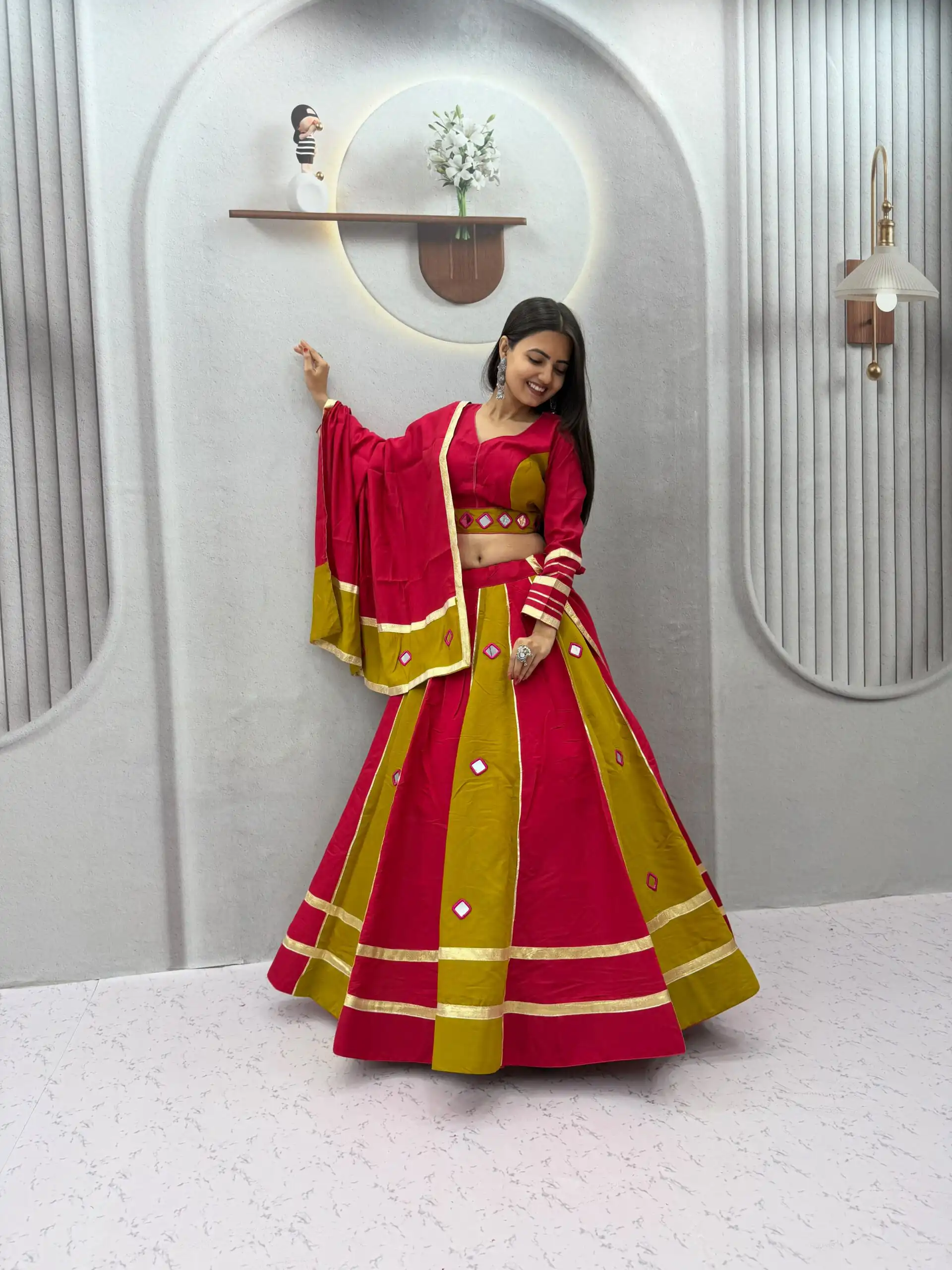Perfect Mustered Roman Silk Mirror Work Lehenga Choli - Image 4
