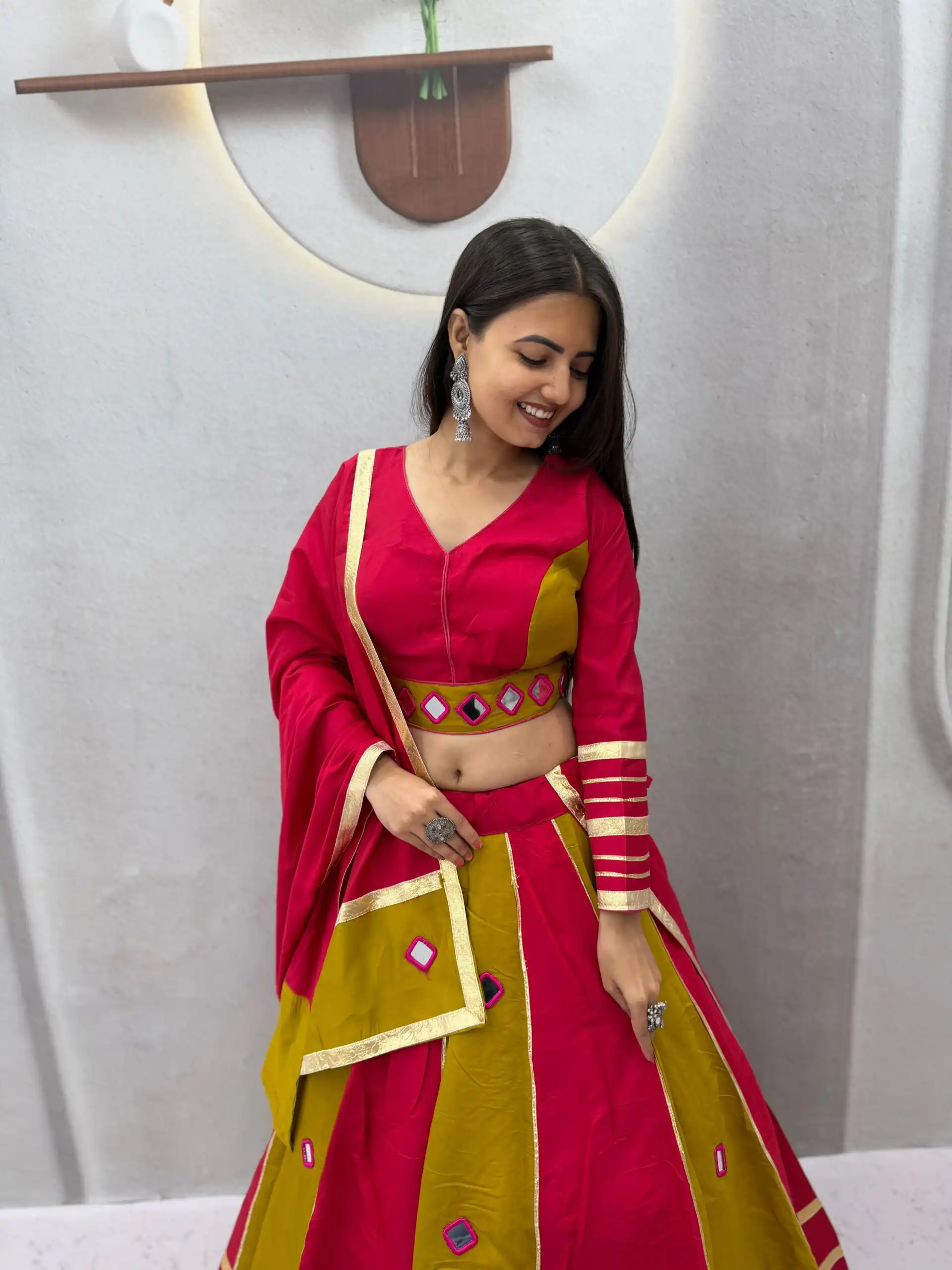 Perfect Mustered Roman Silk Mirror Work Lehenga Choli