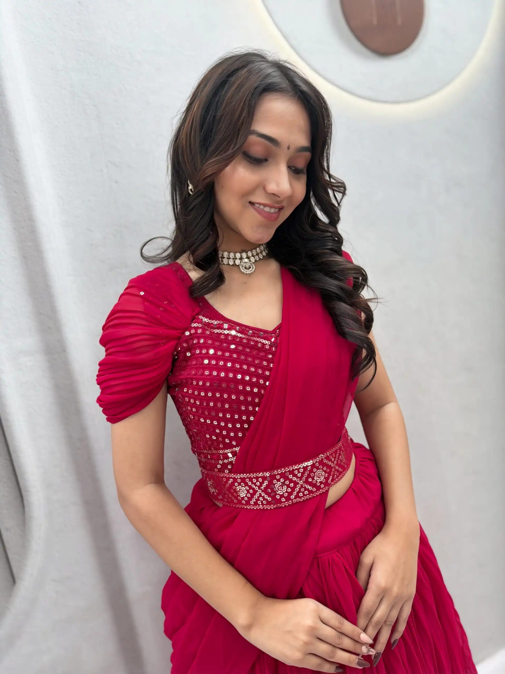 Perfect Pink Faux Georgette Thread Work Lehenga Choli - Image 2
