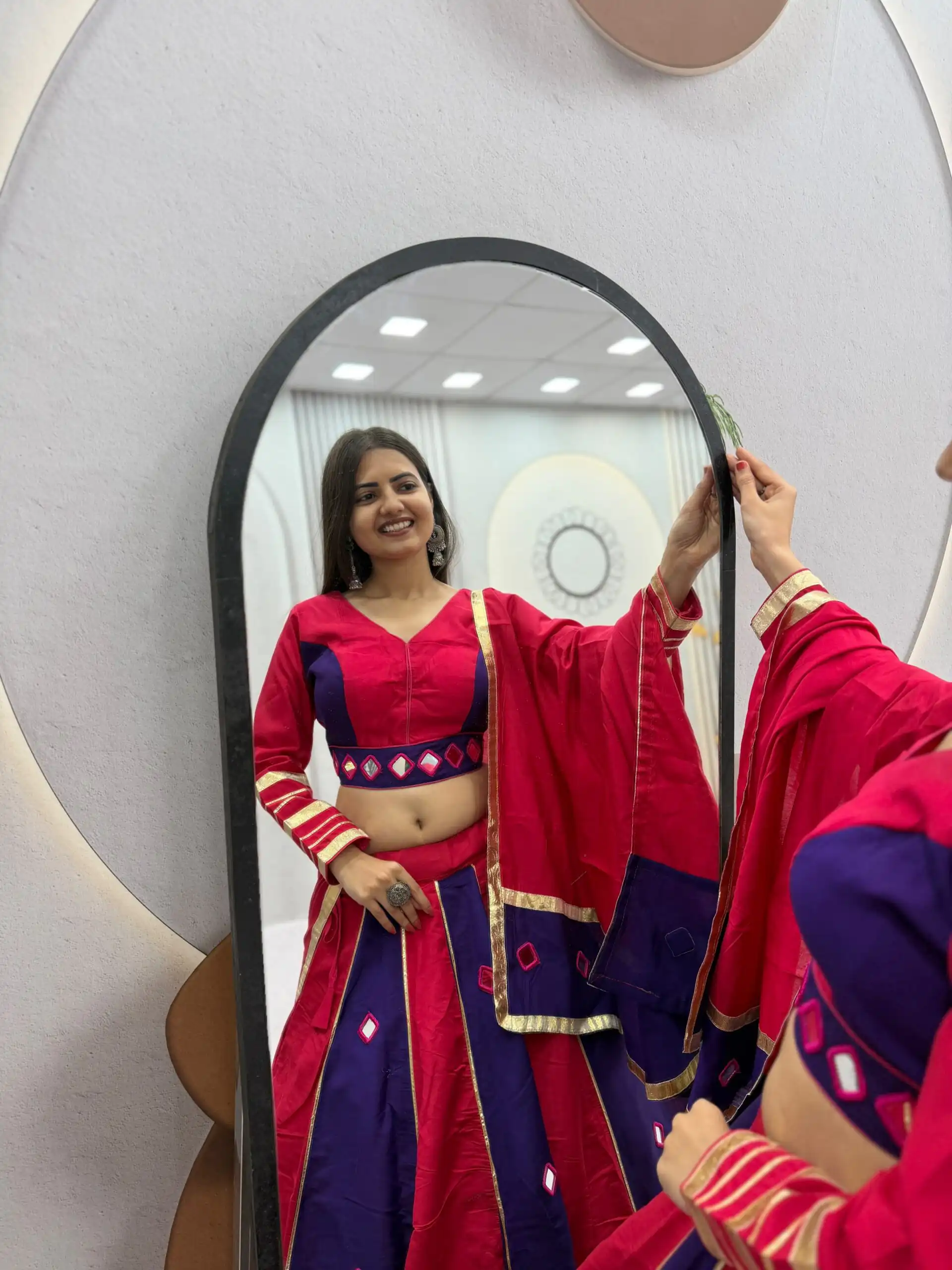 Perfect Red Roman Silk Mirror Work Lehenga Choli - Image 6