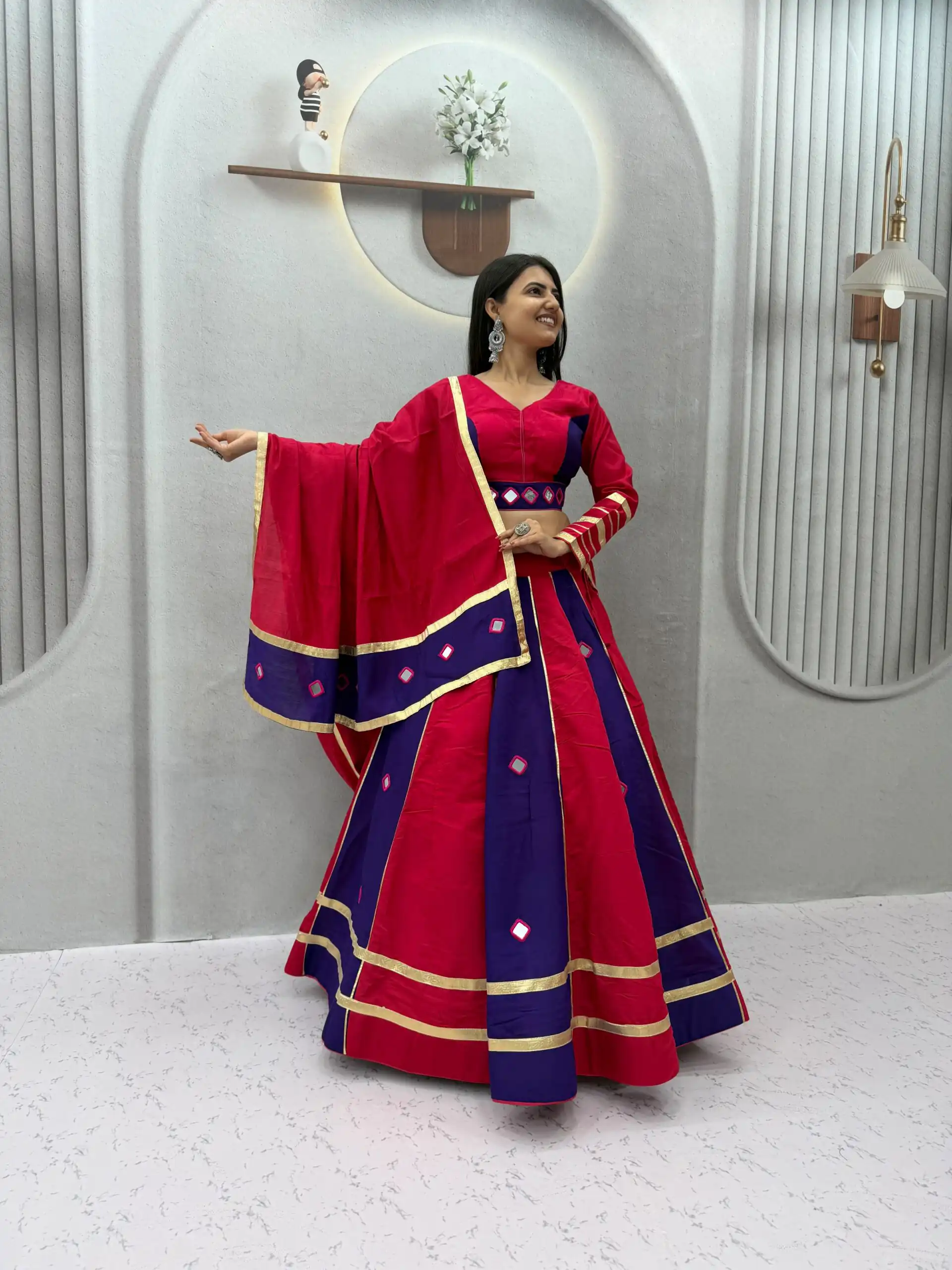 Perfect Red Roman Silk Mirror Work Lehenga Choli - Image 3