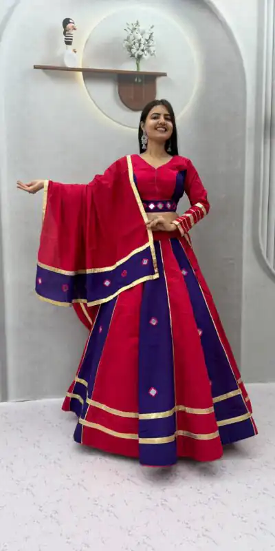 Alternative view of Perfect Red Roman Silk Mirror Work Lehenga Choli