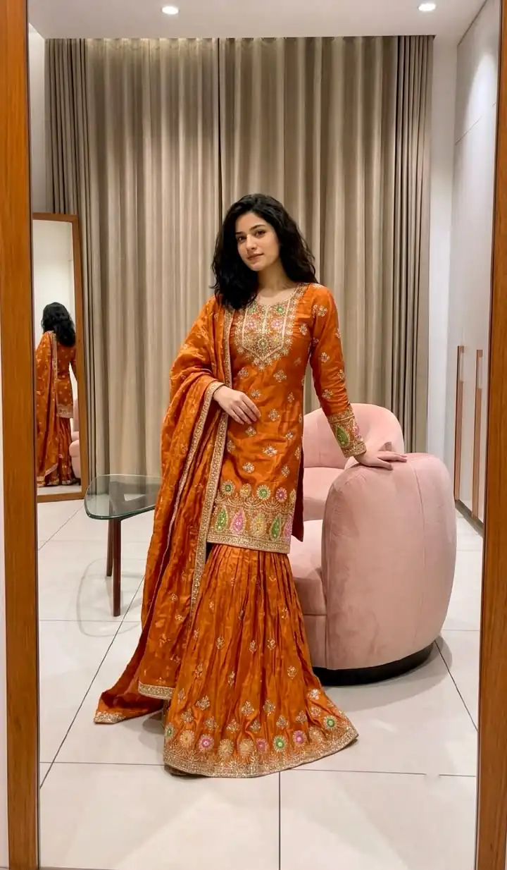 Perfect Rust Fendy Silk Sequins Work Salwar Suit - Image 2