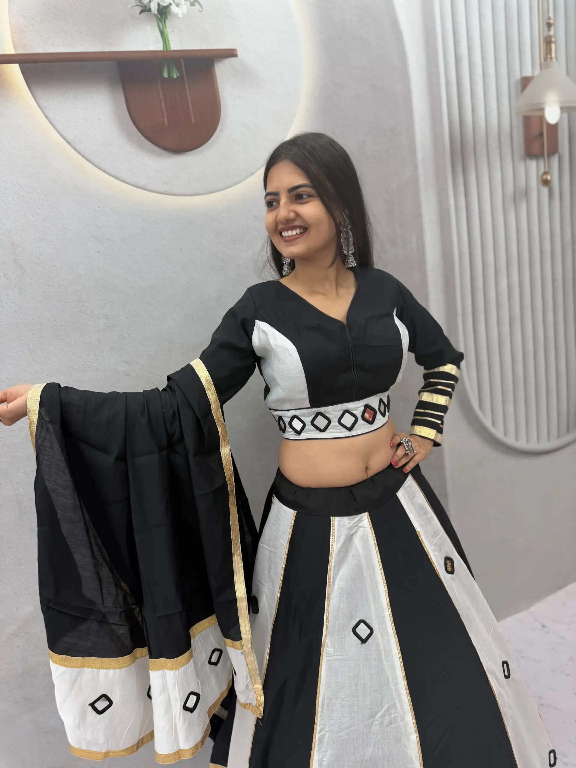 Perfect White Roman Silk Mirror Work Lehenga Choli - Image 5
