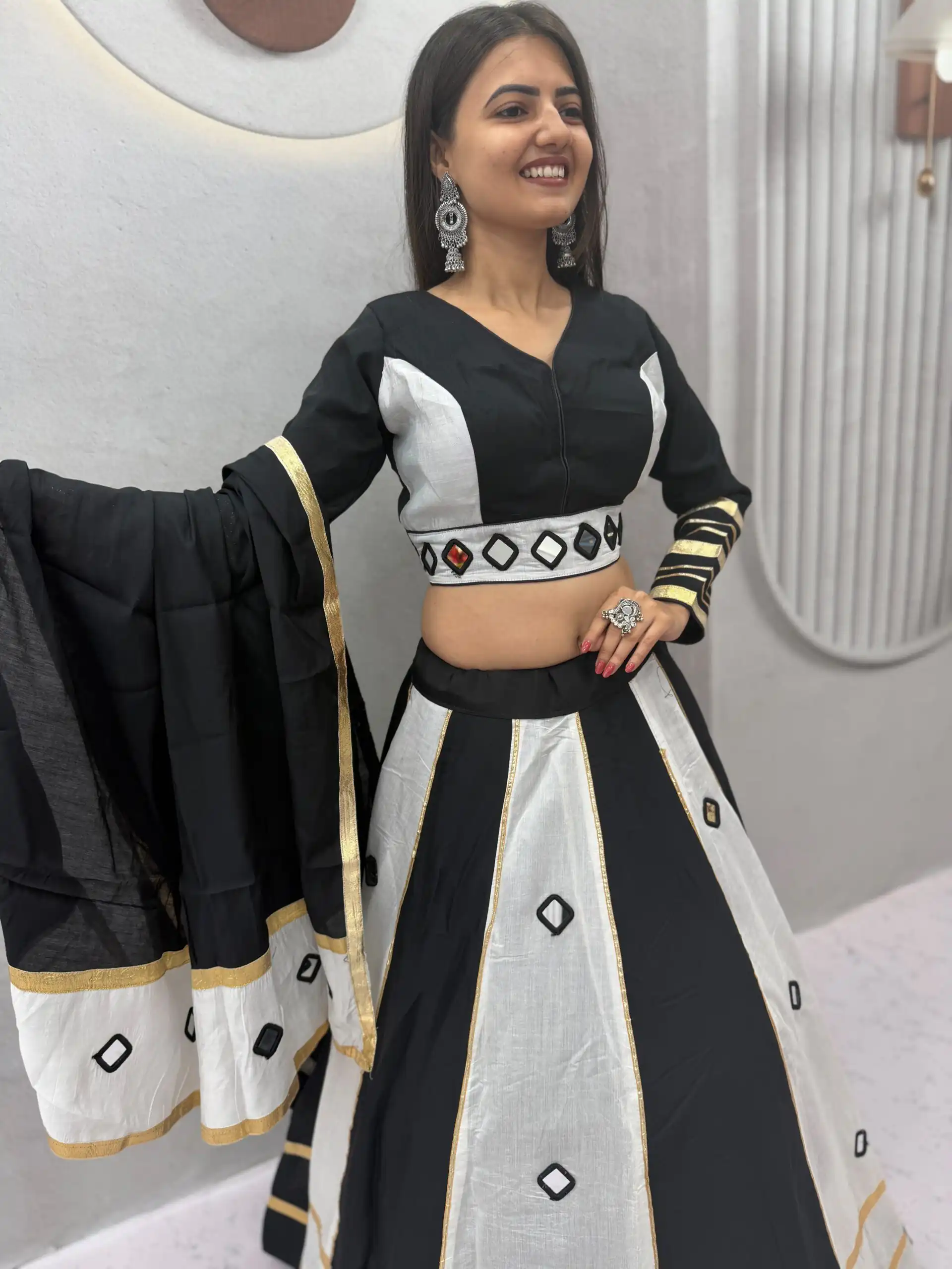 Perfect White Roman Silk Mirror Work Lehenga Choli - Image 4