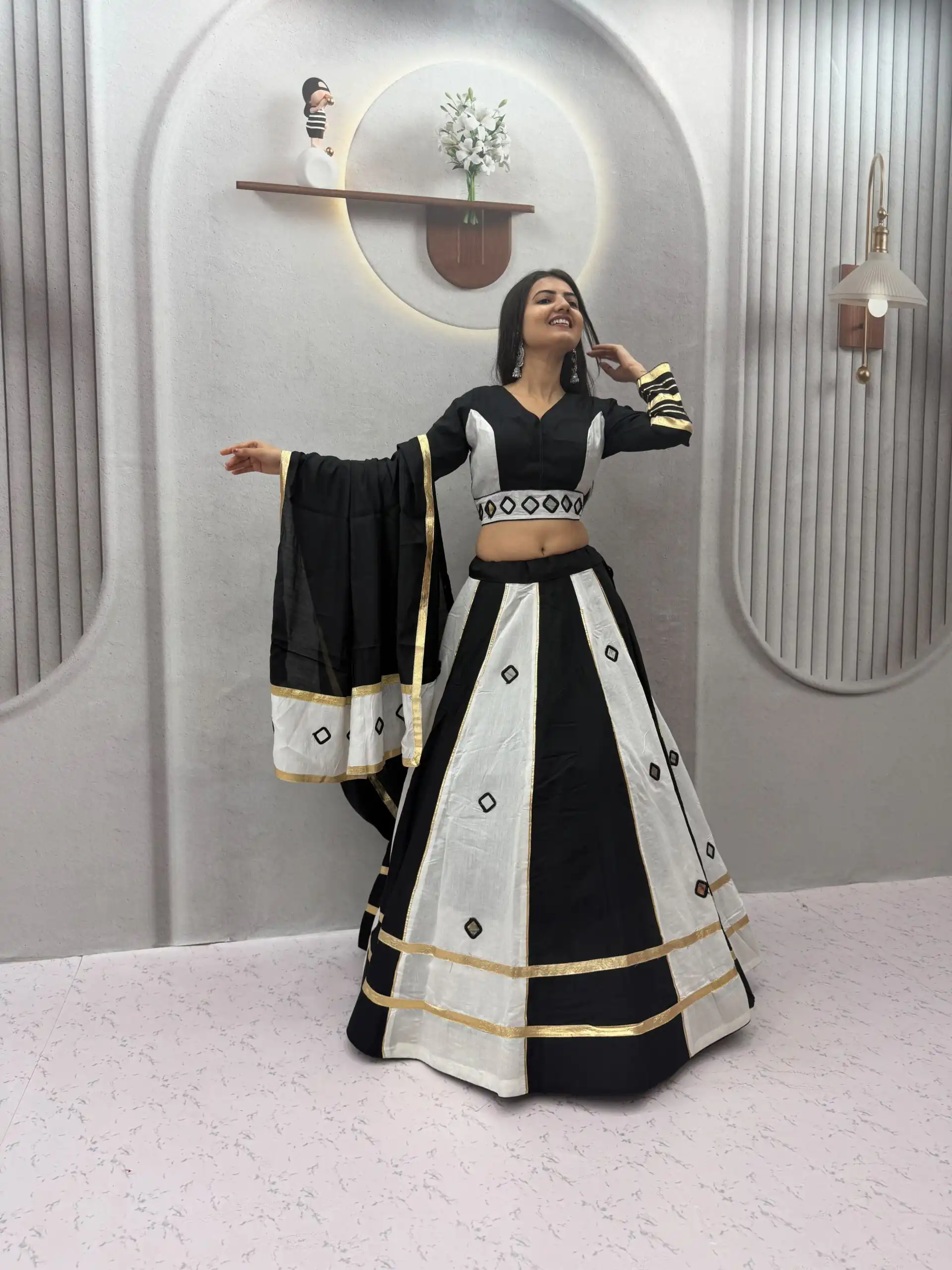 Perfect White Roman Silk Mirror Work Lehenga Choli