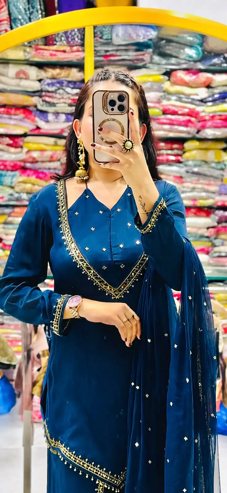 Pretty Blue Roman Glass Mirror Work Salwar Suit - Image 6