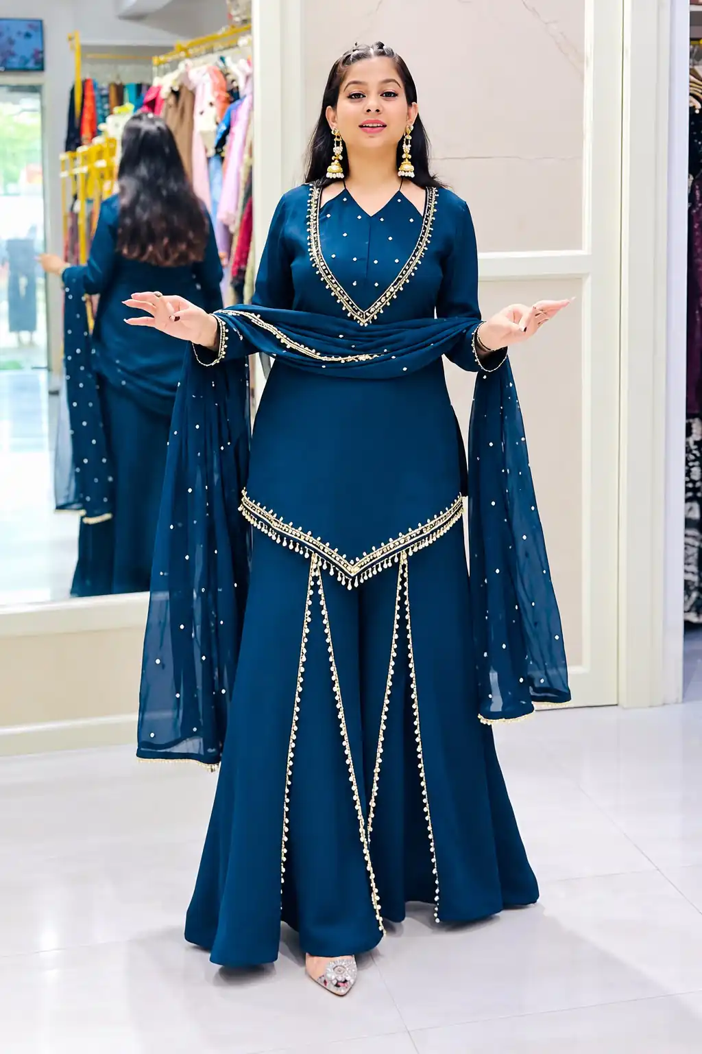 Pretty Blue Roman Glass Mirror Work Salwar Suit - Image 2