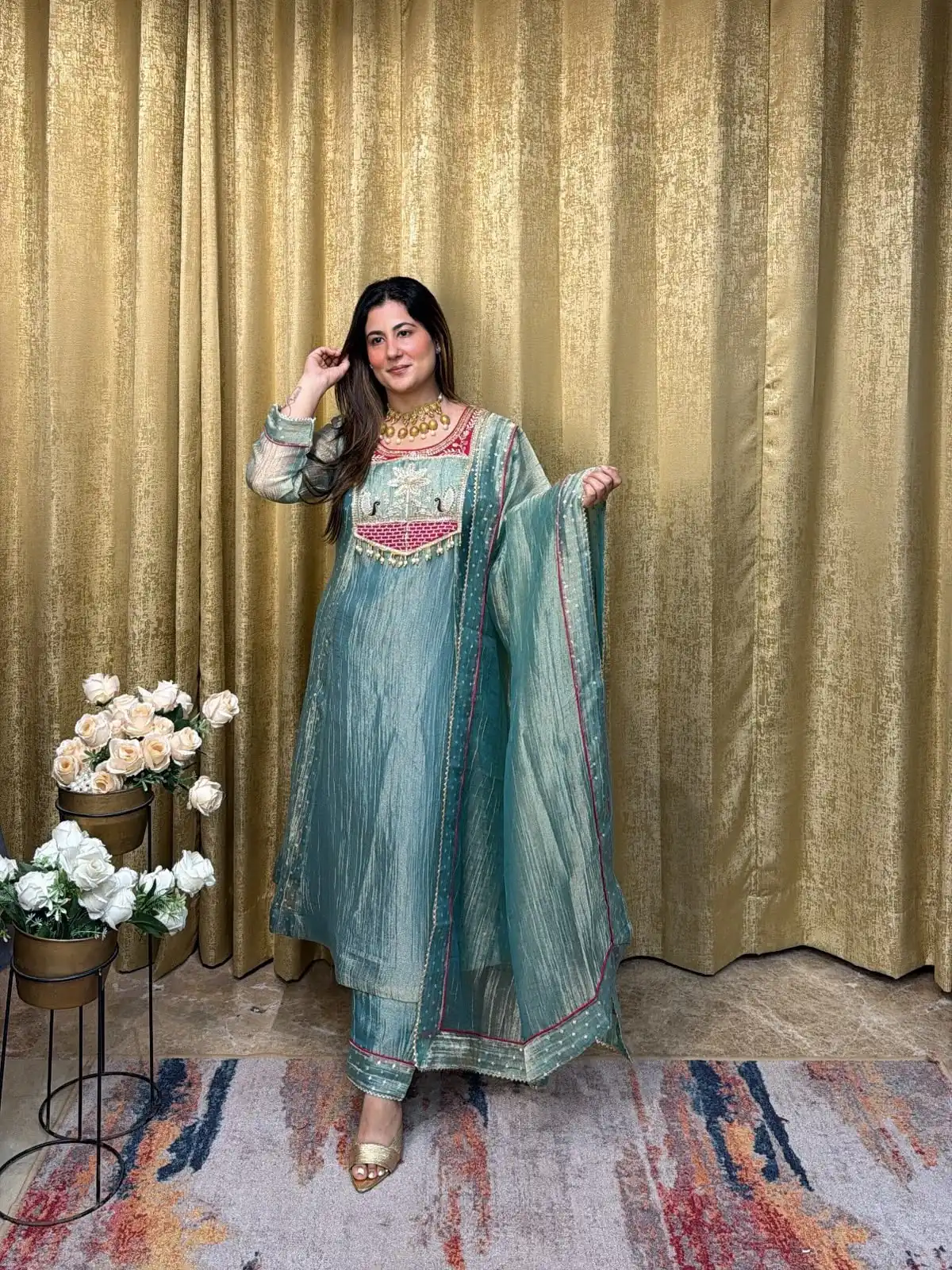 Pretty Blue Salsa Silk Embroidery Work Salwar Suit