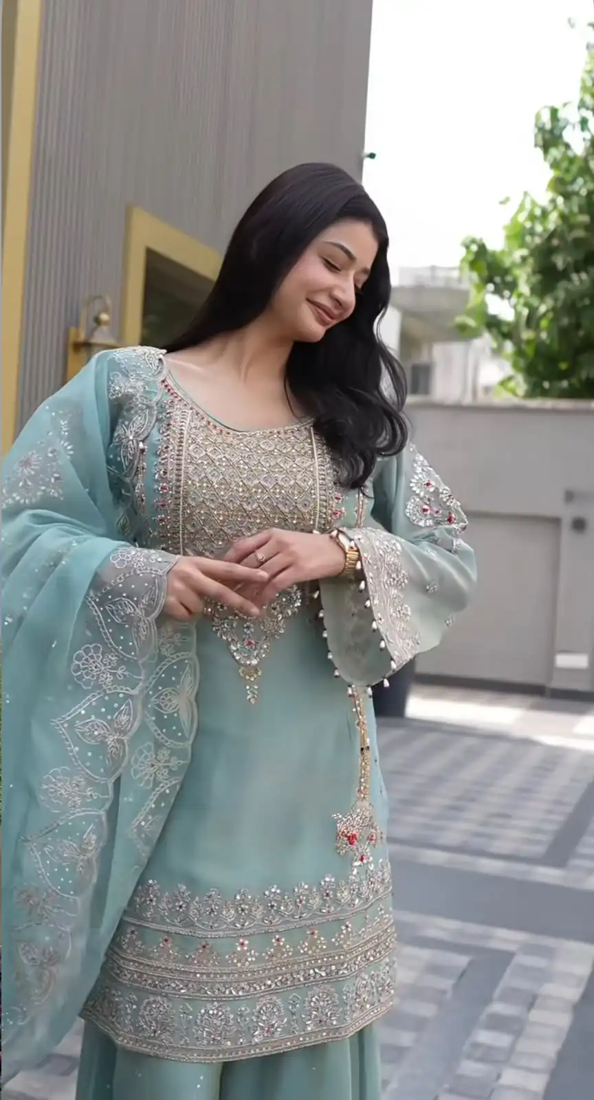 Pretty Dusty Blue Faux Georgette Thread Work Salwar Suit - Image 6