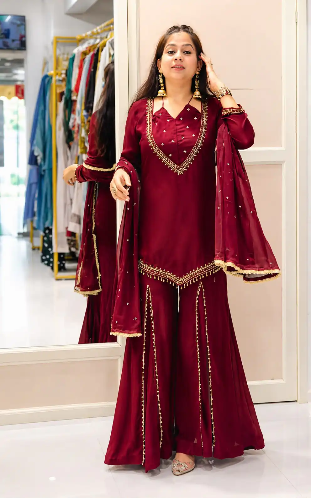 Pretty Maroon Roman Glass Mirror Work Salwar Suit - Image 4