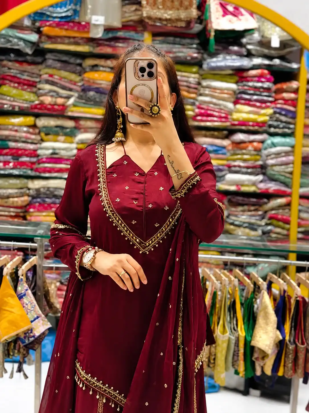 Pretty Maroon Roman Glass Mirror Work Salwar Suit