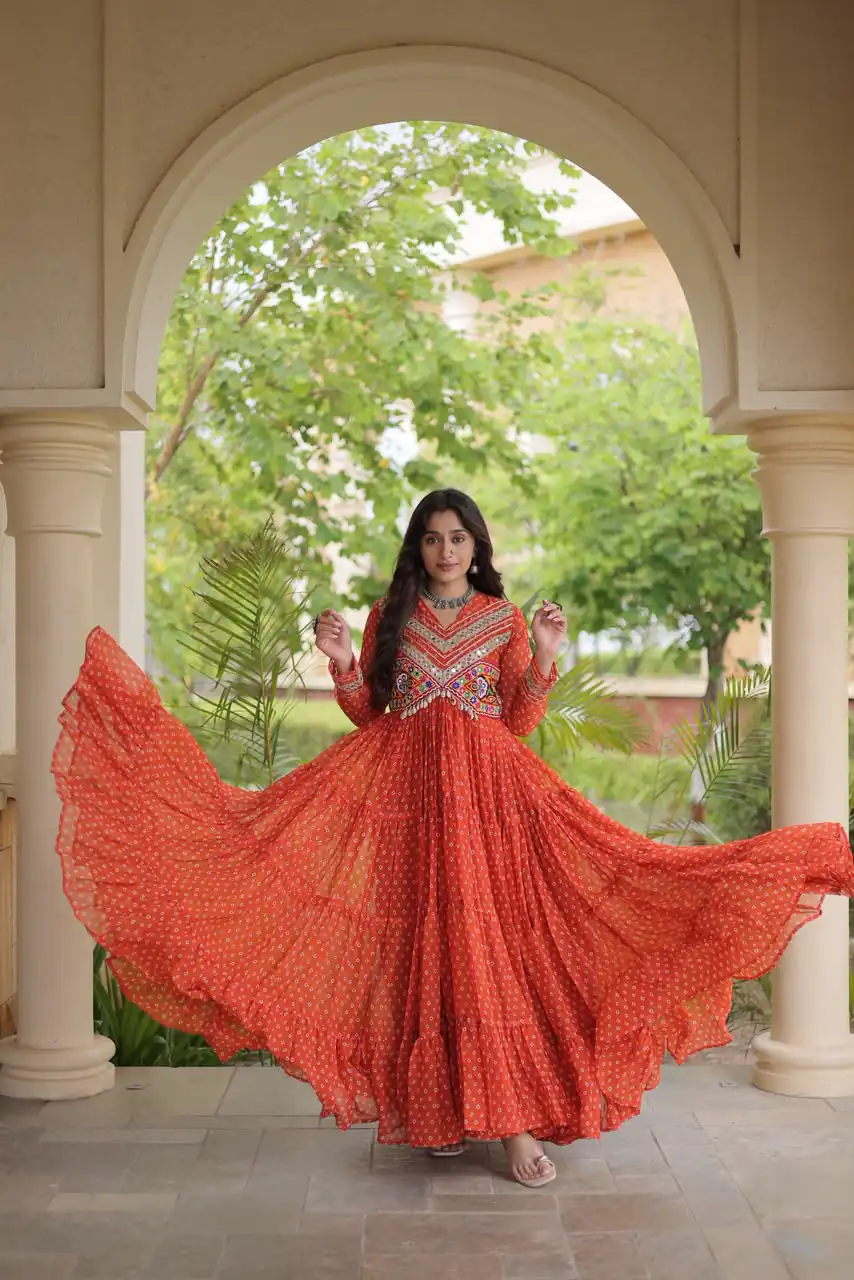 Pretty Orange Faux Georgette Bandhani Print Work Gown - Image 2