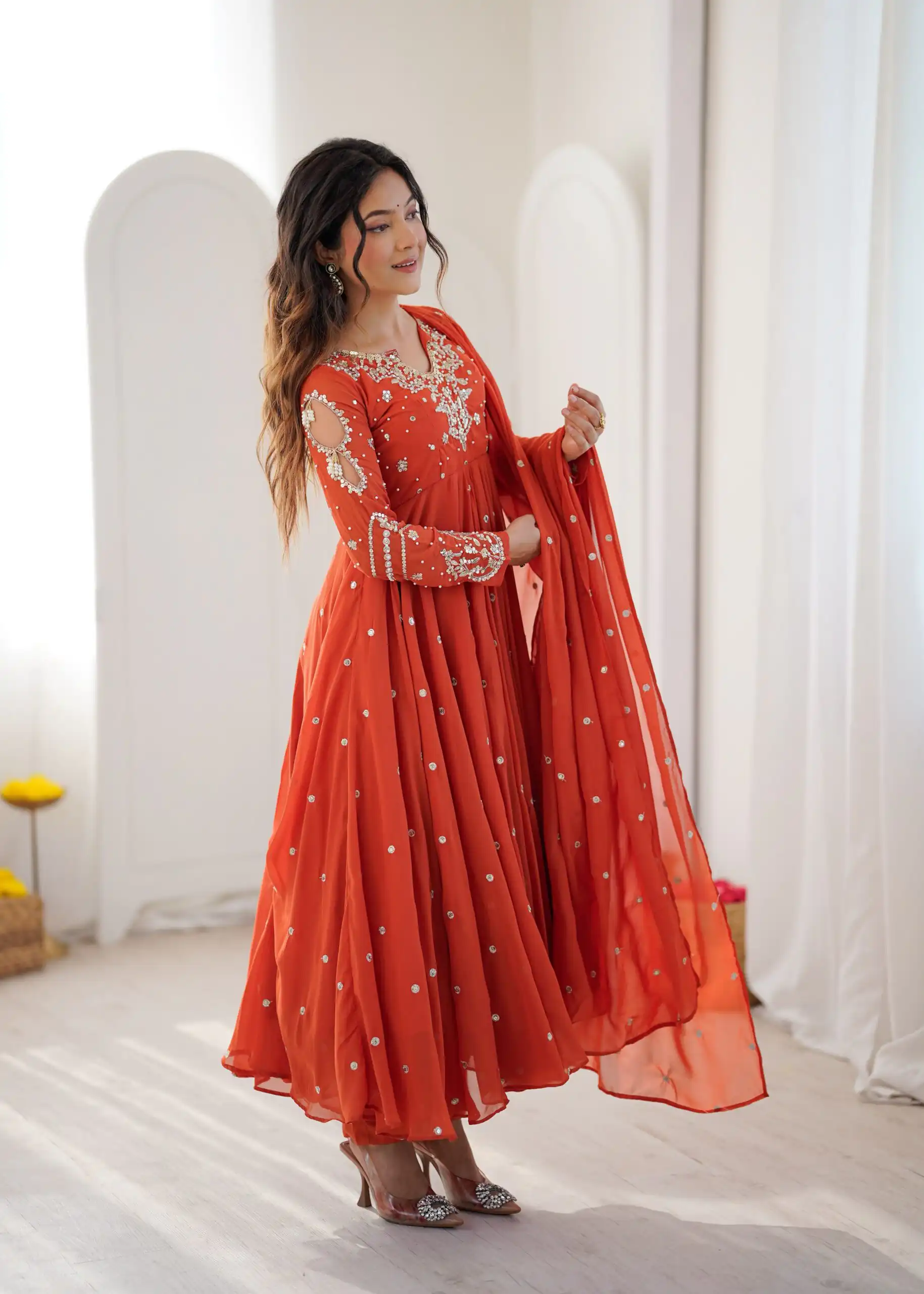 Pretty Orange Faux Georgette Embroider Work Salwar Suit - Image 12