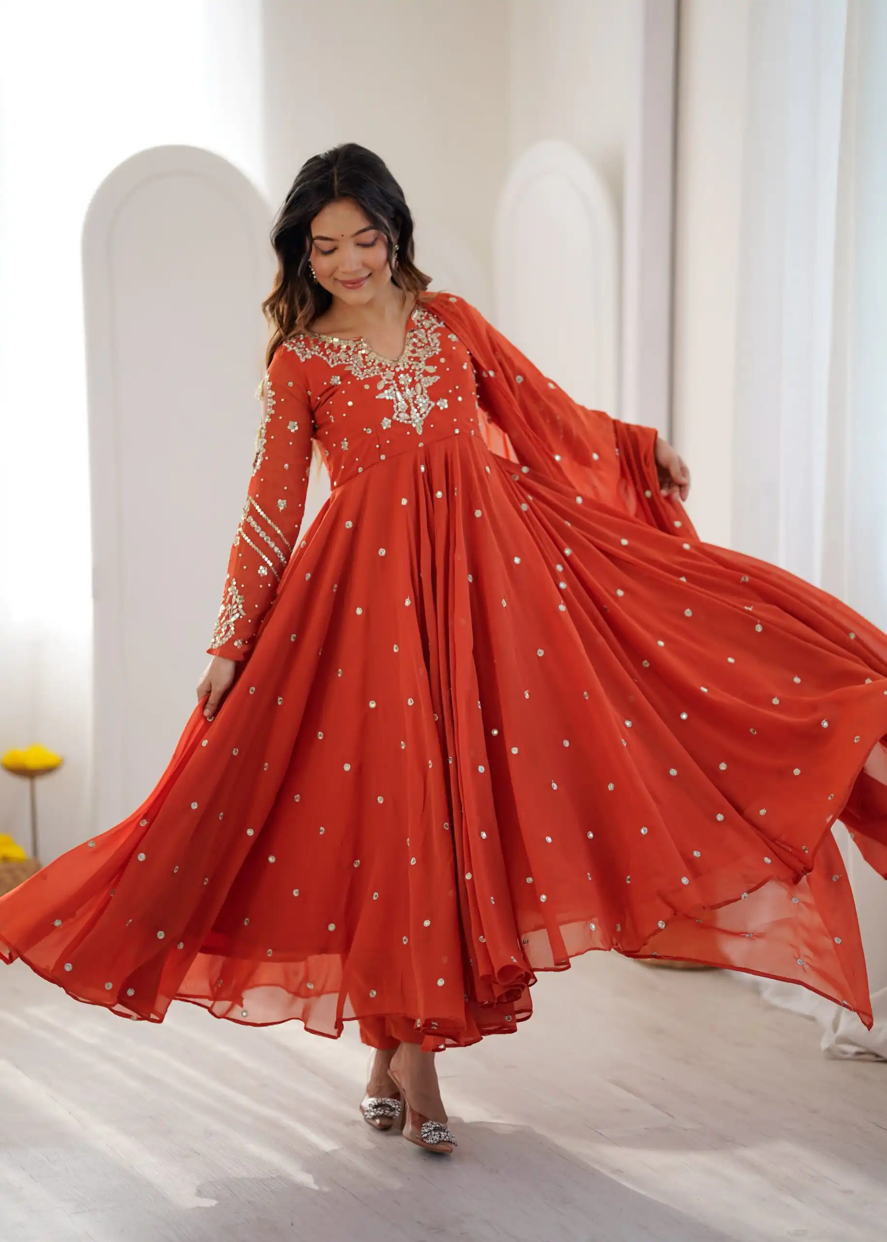 Pretty Orange Faux Georgette Embroider Work Salwar Suit - Image 3
