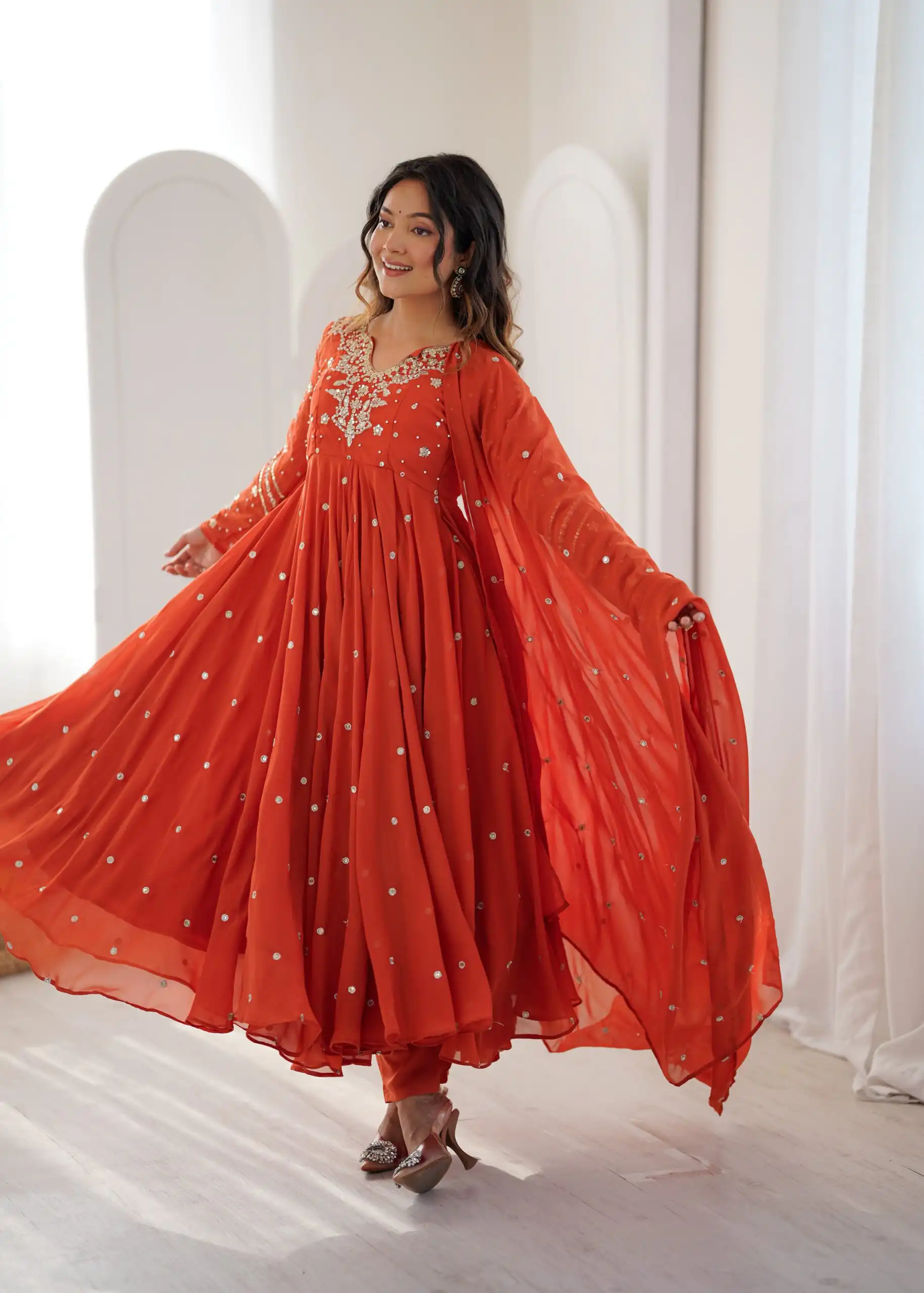 Pretty Orange Faux Georgette Embroider Work Salwar Suit - Image 2