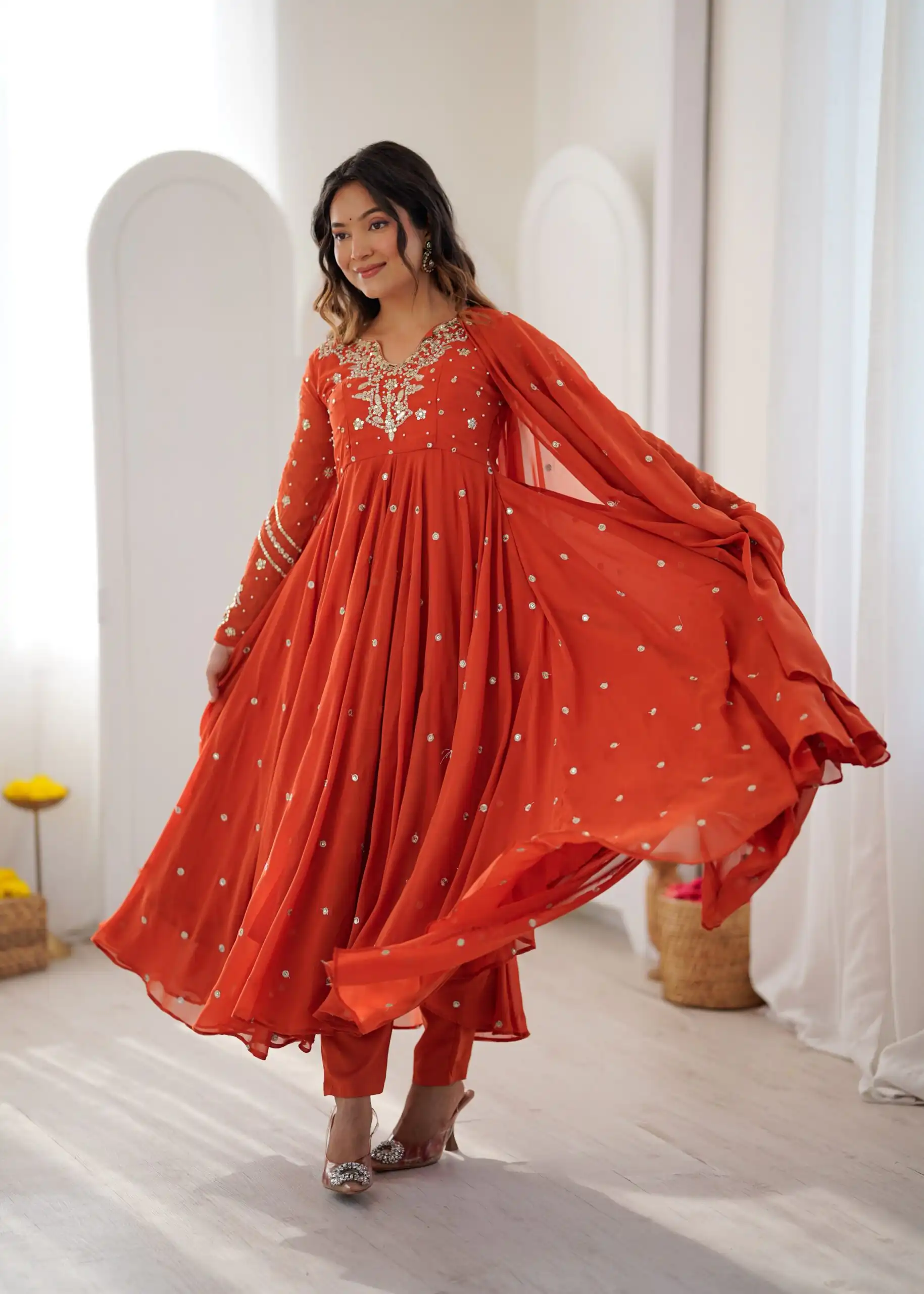 Pretty Orange Faux Georgette Embroider Work Salwar Suit