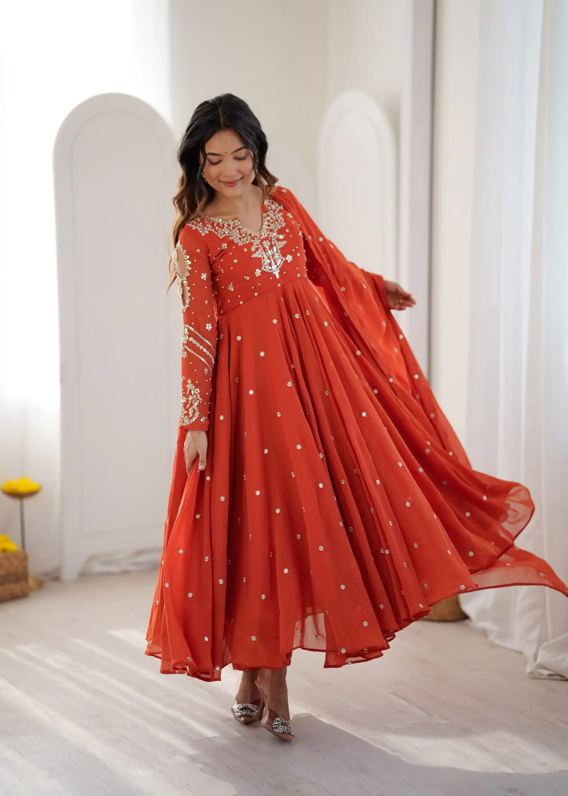 Pretty Orange Faux Georgette Embroider Work Salwar Suit - Image 11