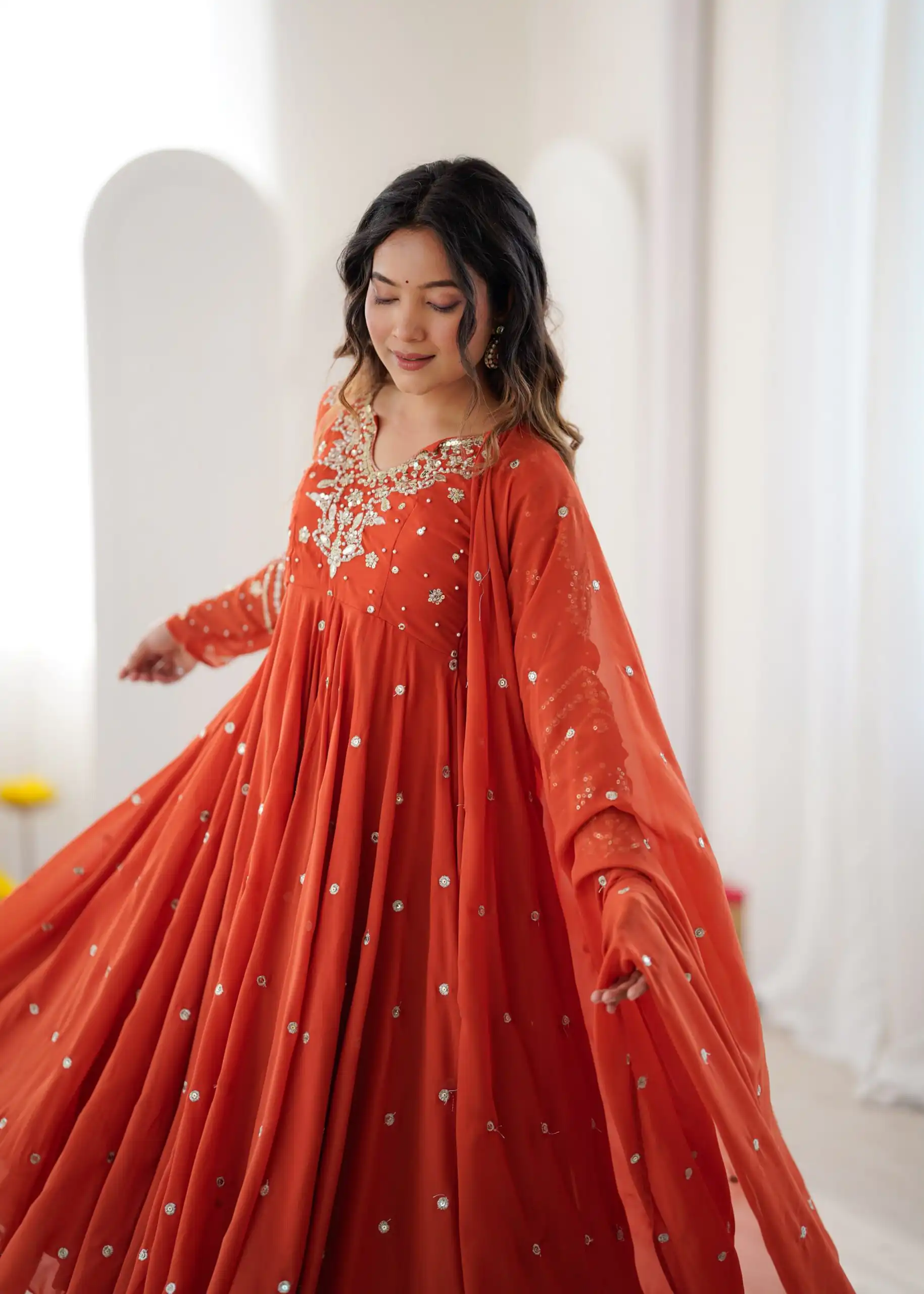 Pretty Orange Faux Georgette Embroider Work Salwar Suit - Image 10