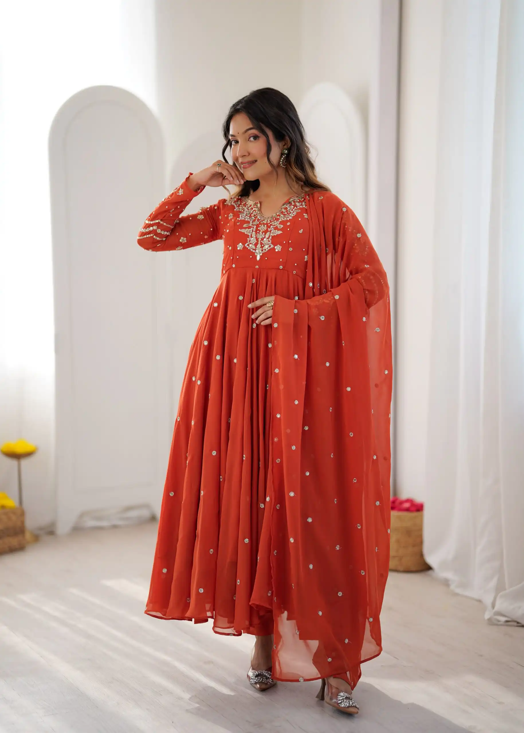 Pretty Orange Faux Georgette Embroider Work Salwar Suit - Image 8