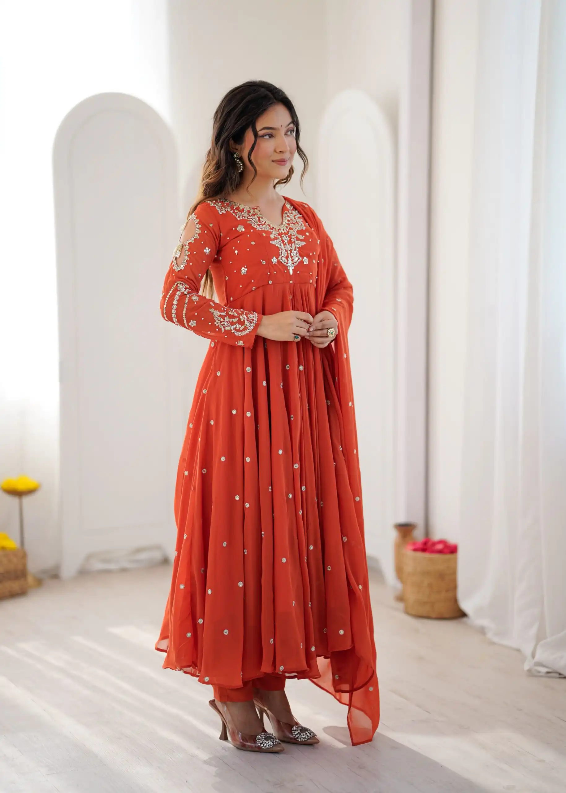 Pretty Orange Faux Georgette Embroider Work Salwar Suit - Image 5