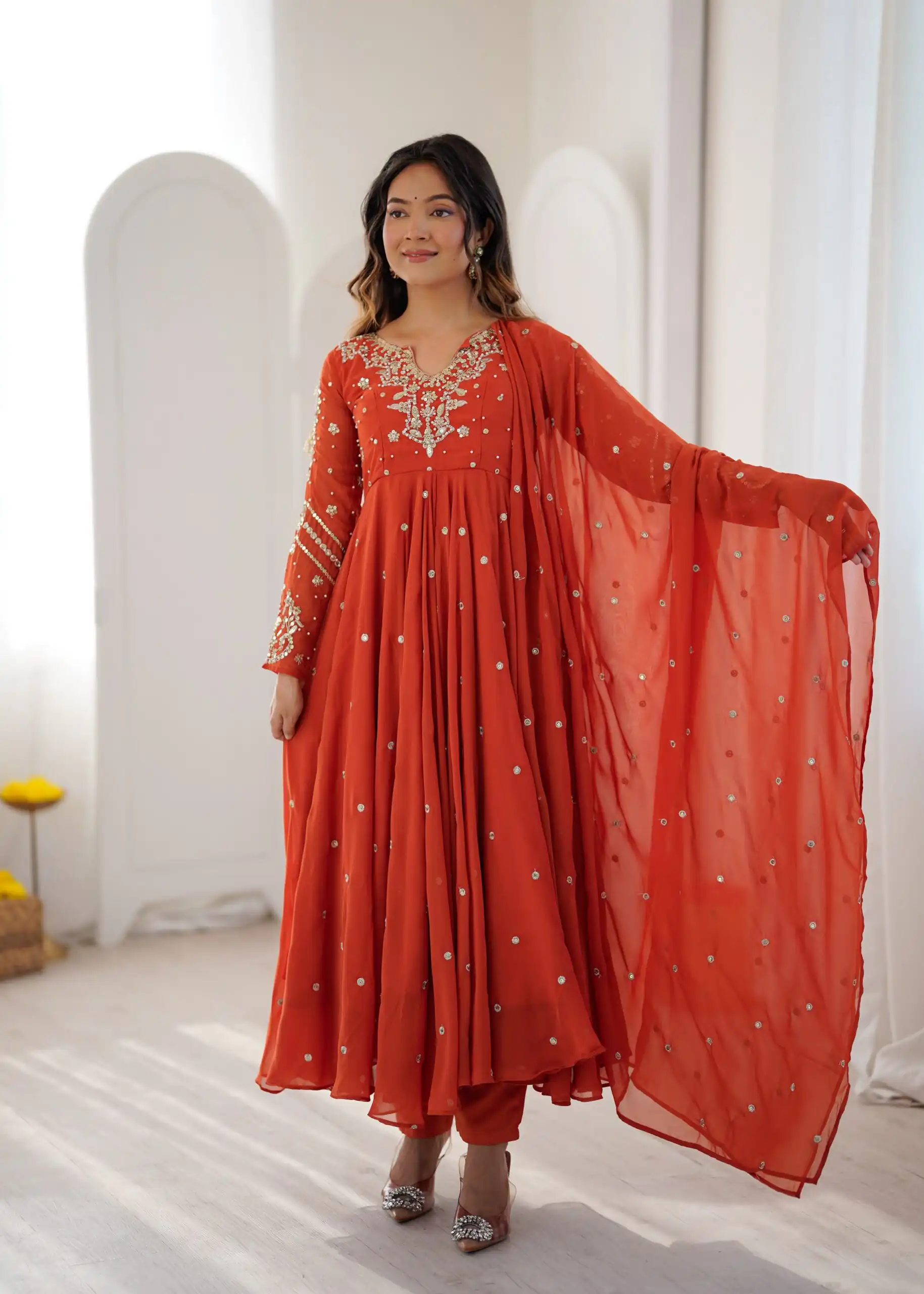Pretty Orange Faux Georgette Embroider Work Salwar Suit - Image 4