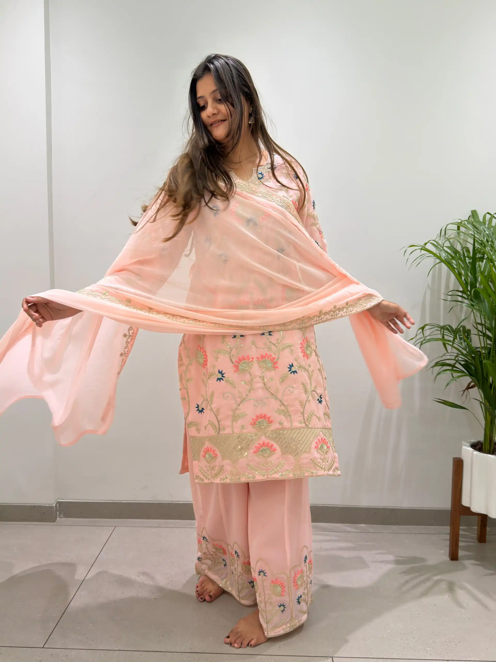 Pretty Peach Faux Georgette Sequence Work Salwar Suit - Image 6