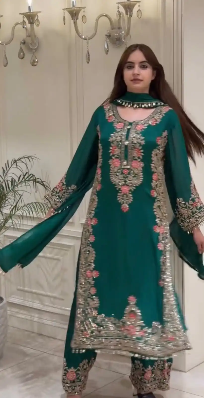 Pretty Teal Faux Georgette Sequence Work Salwar Suit - Image 2