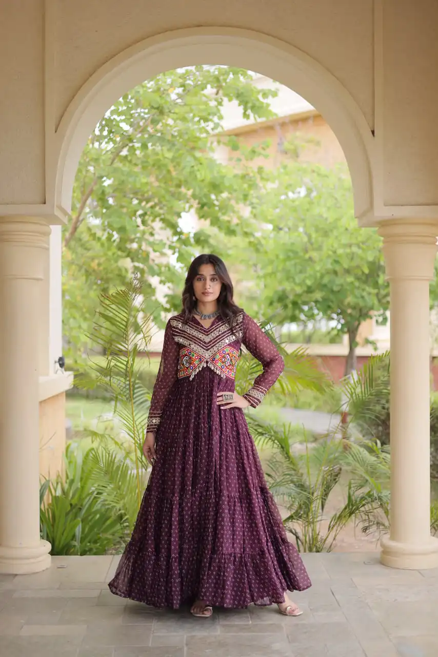 Pretty Wine Faux Georgette Bandhani Print Work Gown - Image 3