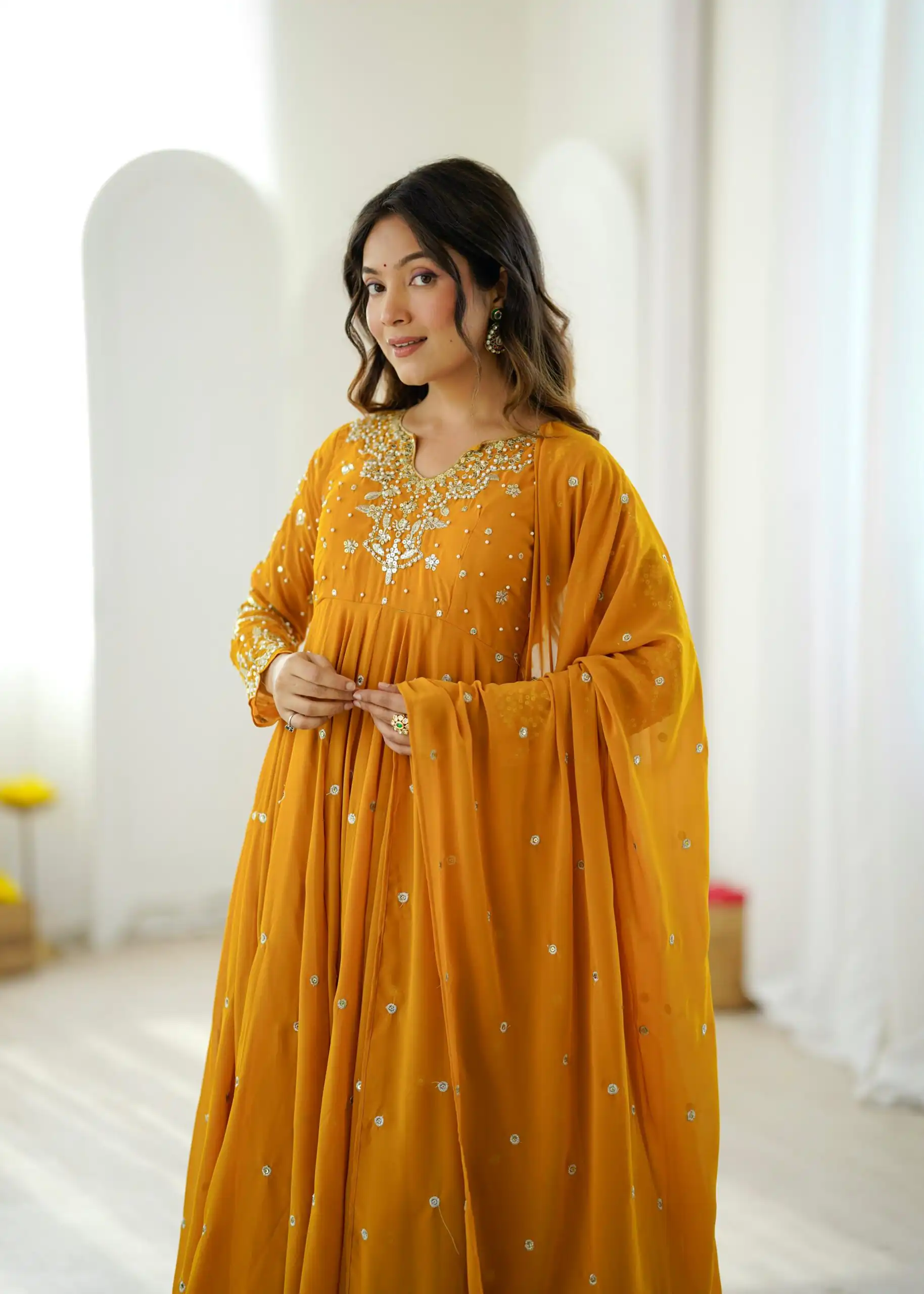 Pretty Yellow Faux Georgette Embroider Work Salwar Suit - Image 2