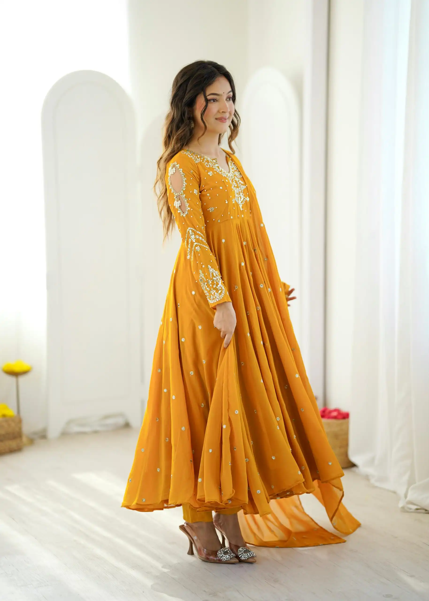 Pretty Yellow Faux Georgette Embroider Work Salwar Suit - Image 10