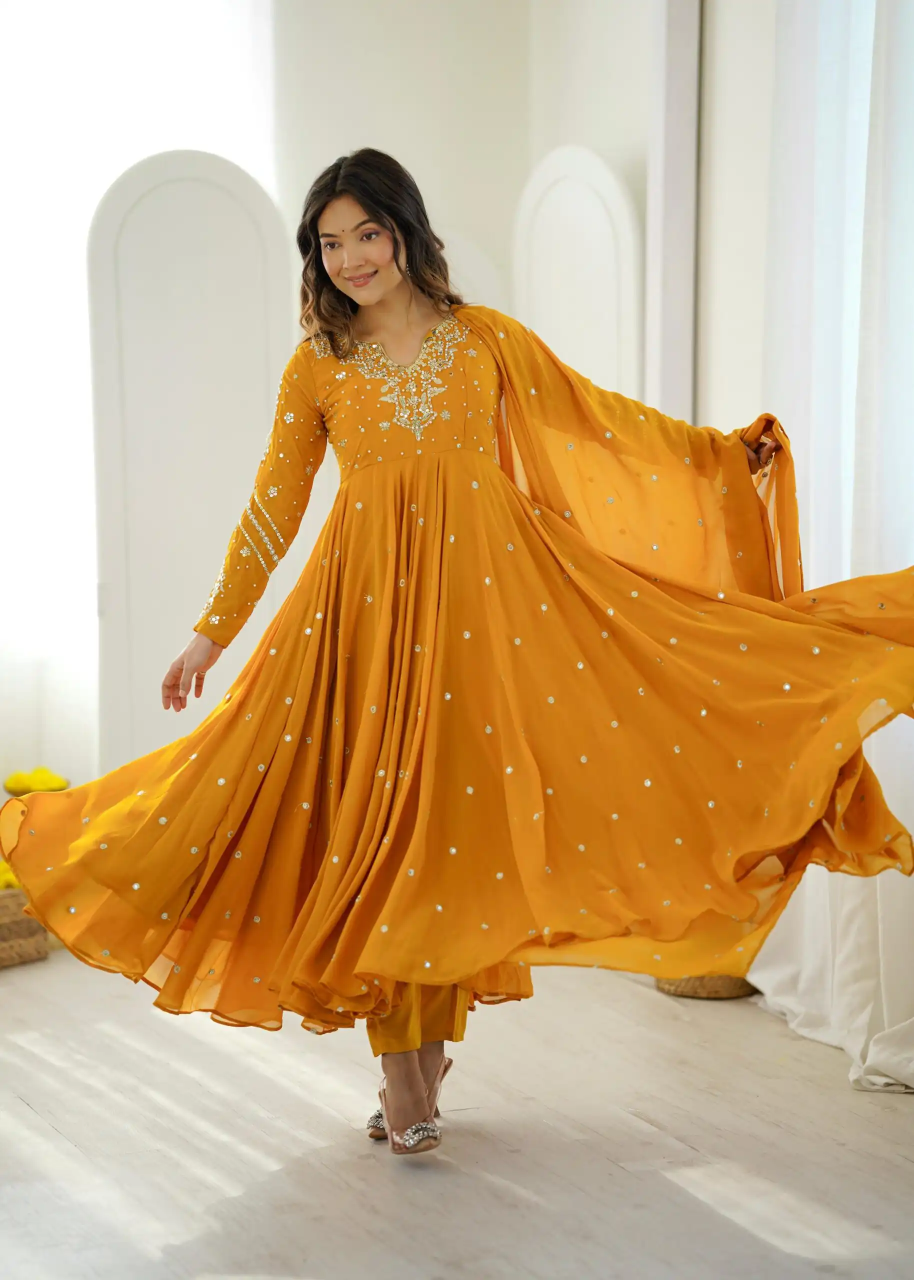 Pretty Yellow Faux Georgette Embroider Work Salwar Suit - Image 6