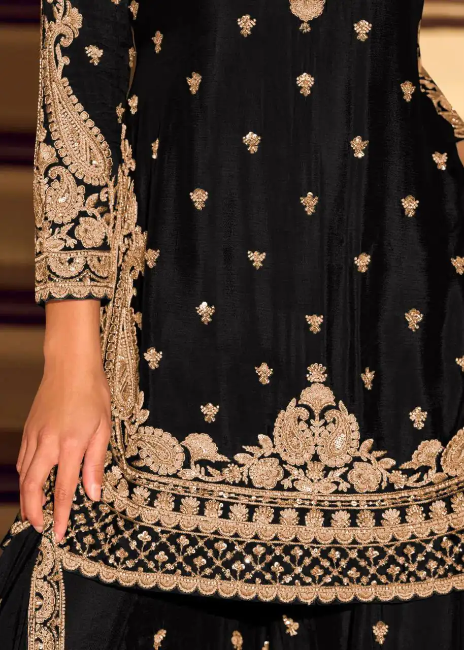 Shiny Black Chinon Silk Sequence Work Salwar Suit - Image 4