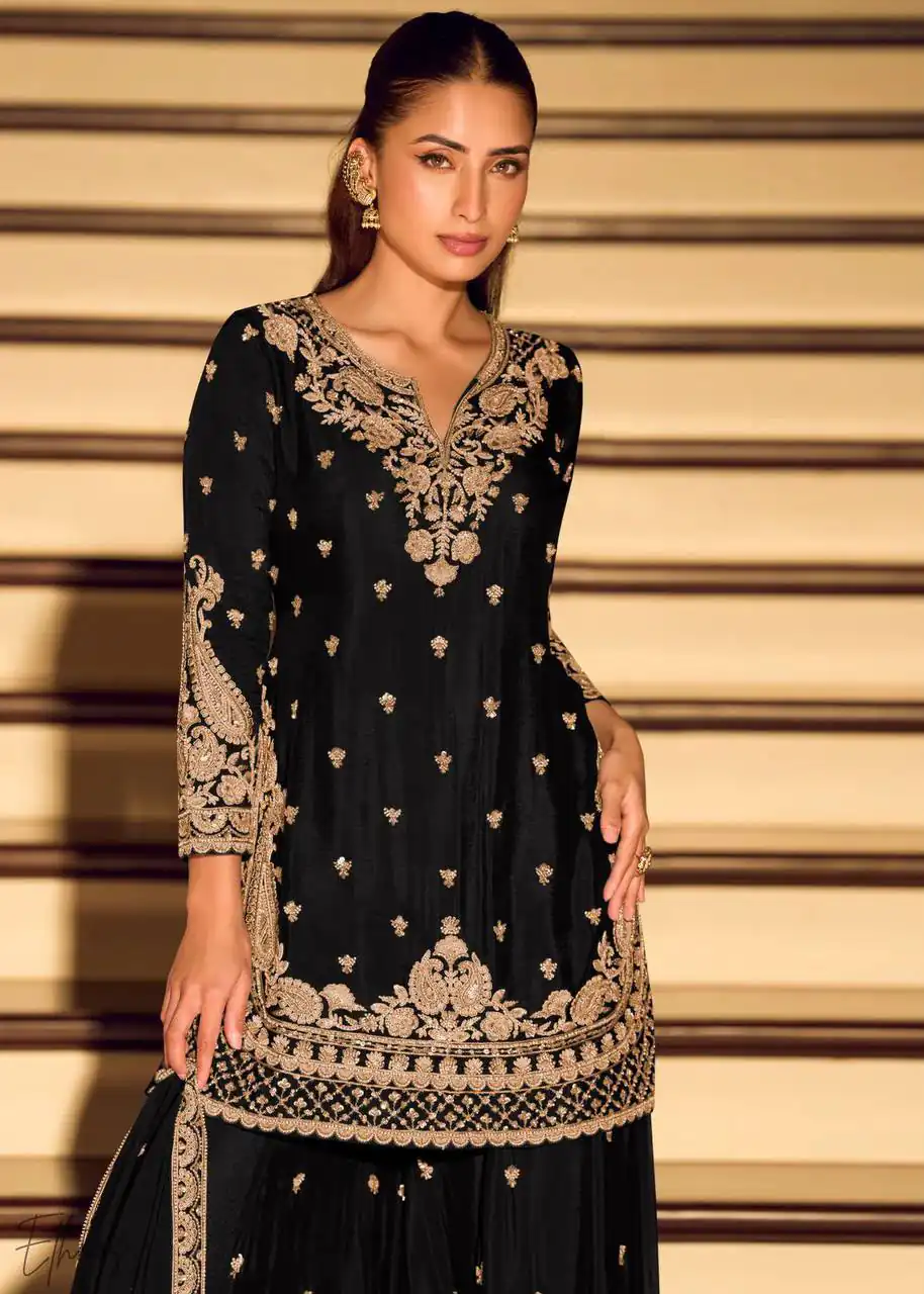 Shiny Black Chinon Silk Sequence Work Salwar Suit - Image 2