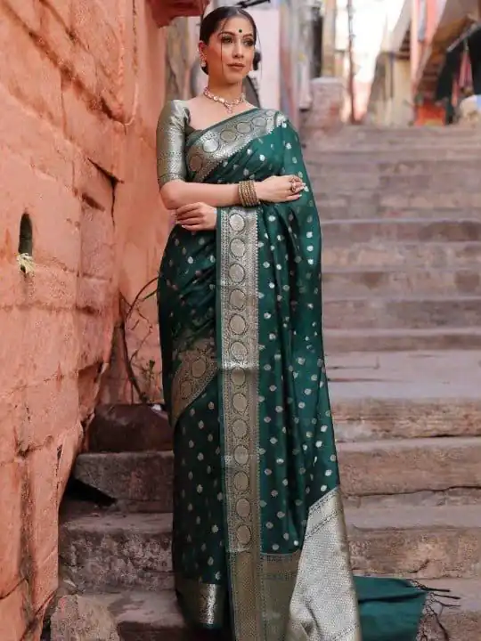 Shiny Green Soft Lichi Silk Jacquard Lace Work Saree