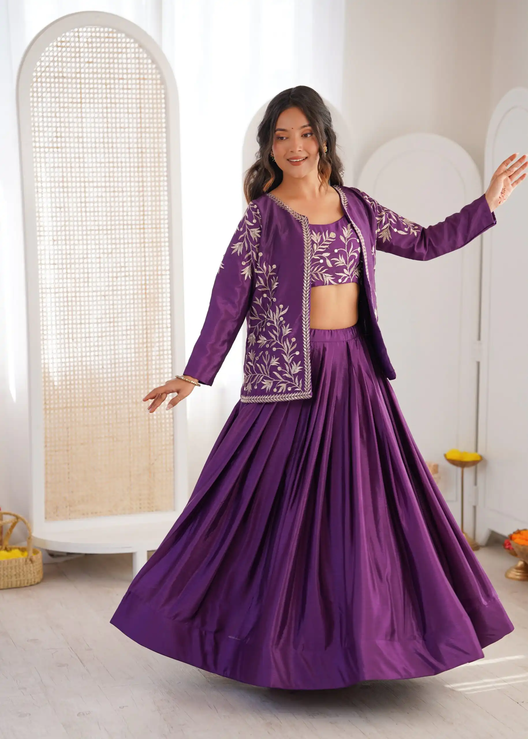 Shiny Purple Chinon Silk Sequence Work Lehenga Choli - Image 3