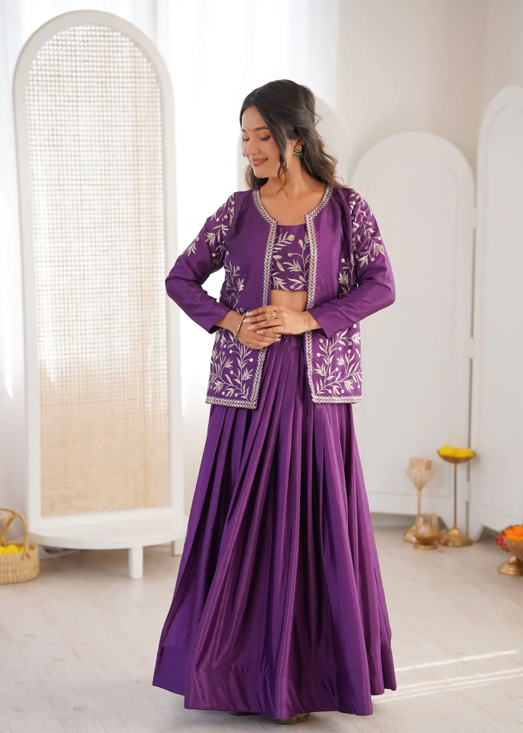 Shiny Purple Chinon Silk Sequence Work Lehenga Choli