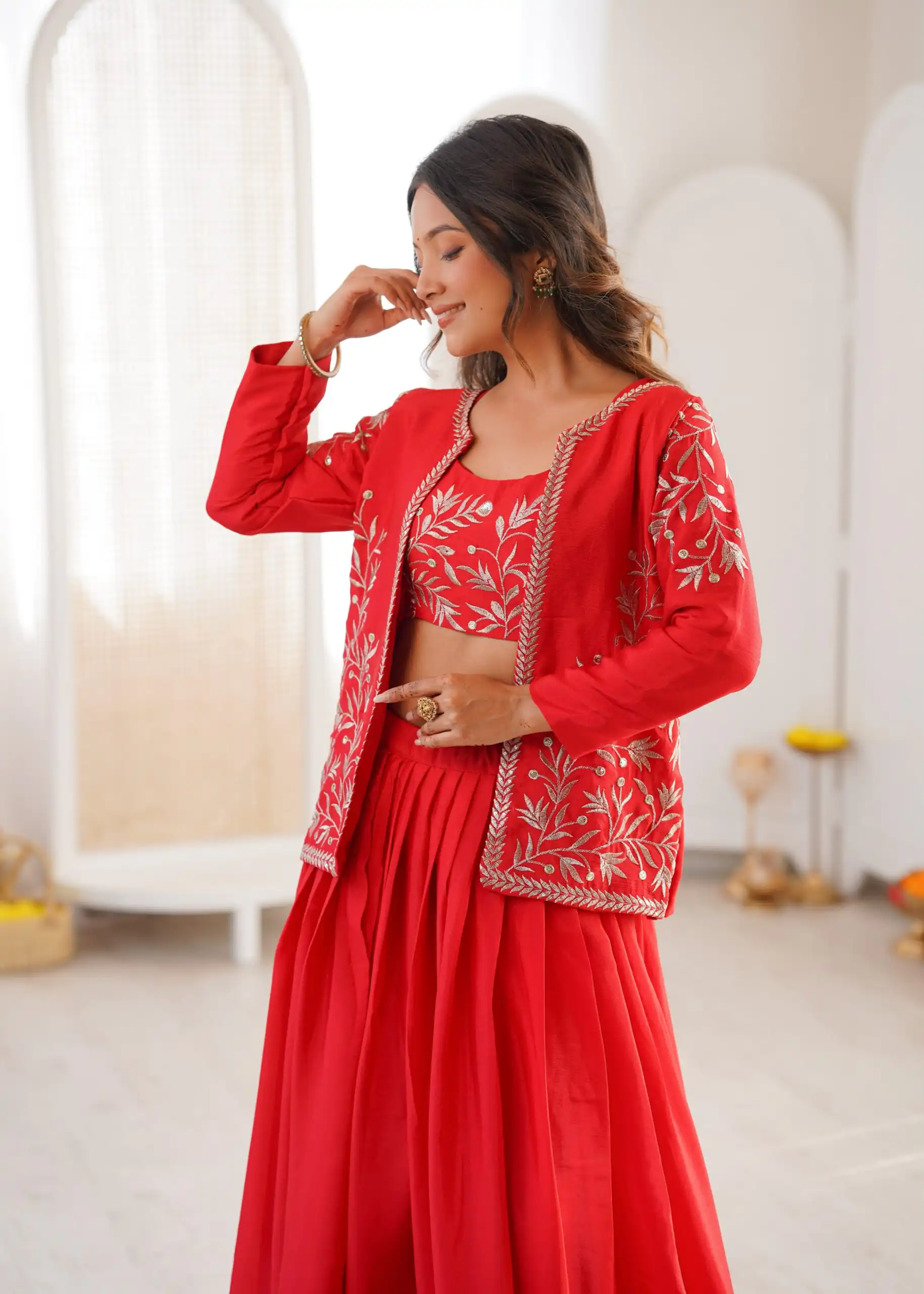 Shiny Red Chinon Silk Sequence Work Lehenga Choli - Image 4