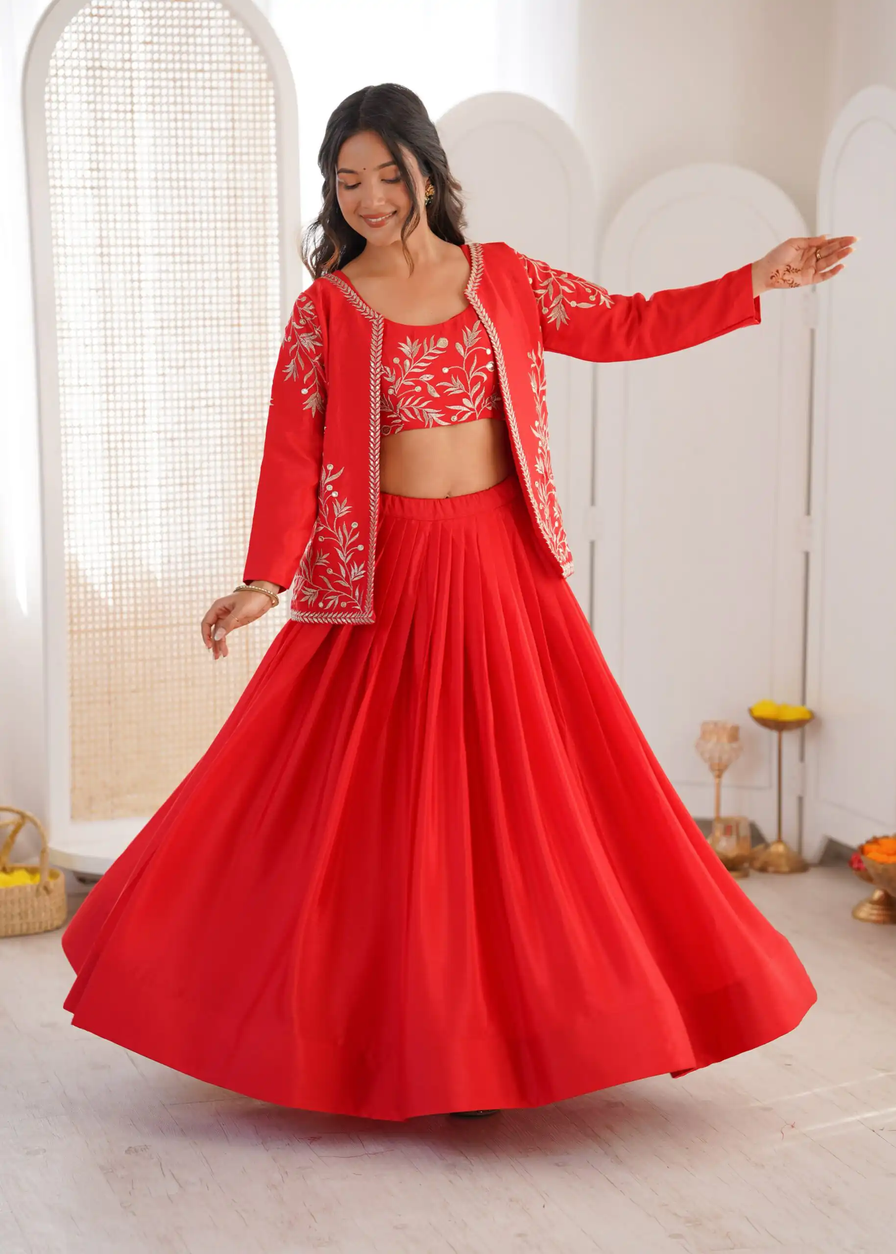 Shiny Red Chinon Silk Sequence Work Lehenga Choli - Image 3