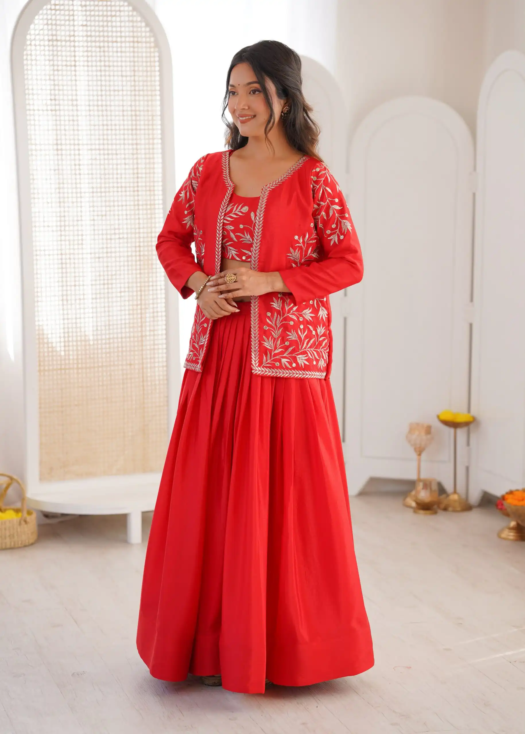 Shiny Red Chinon Silk Sequence Work Lehenga Choli