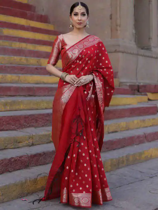 Shiny Red Soft Lichi Silk Jacquard Lace Work Saree - Image 4