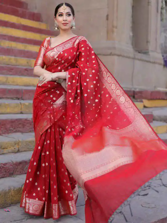 Shiny Red Soft Lichi Silk Jacquard Lace Work Saree - Image 3