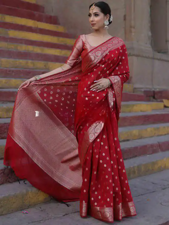 Shiny Red Soft Lichi Silk Jacquard Lace Work Saree - Image 2