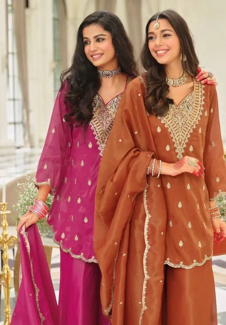 Shiny Rust Natural Silk Embroider Work Salwar Suit - Image 4