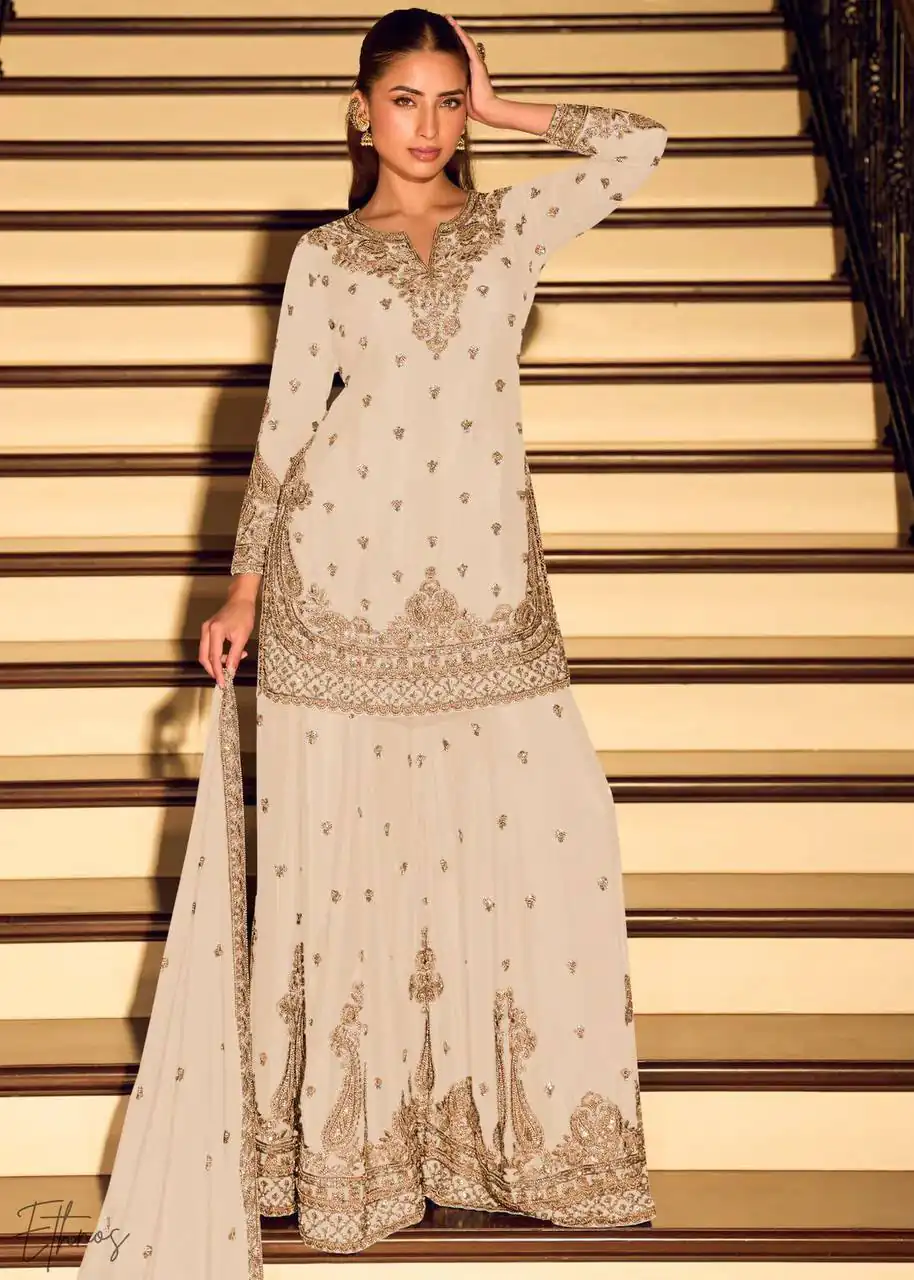 Shiny White Chinon Silk Sequence Work Salwar Suit