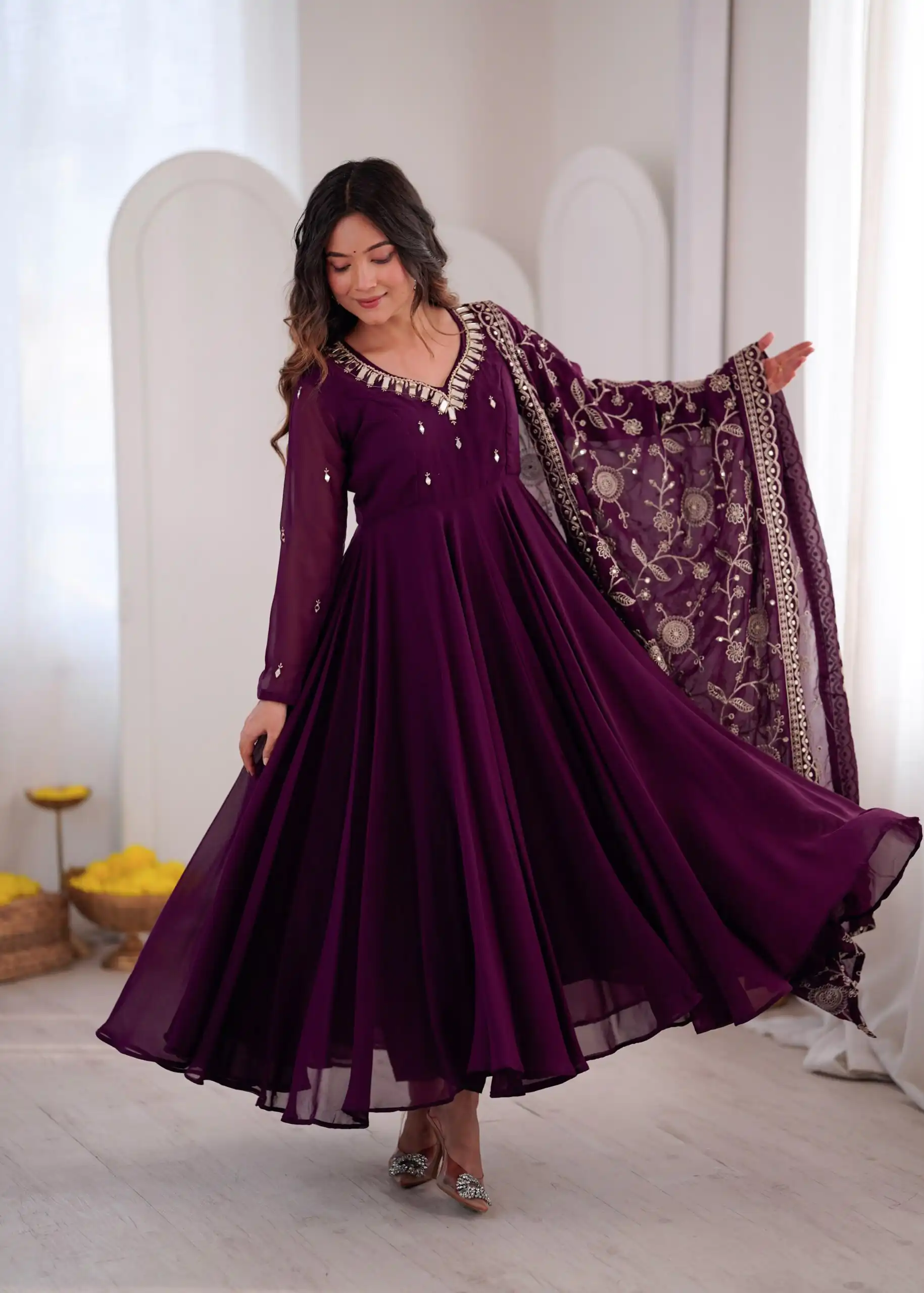 Shiny Wine Faux Georgette Embroidery Mirror Work Gown