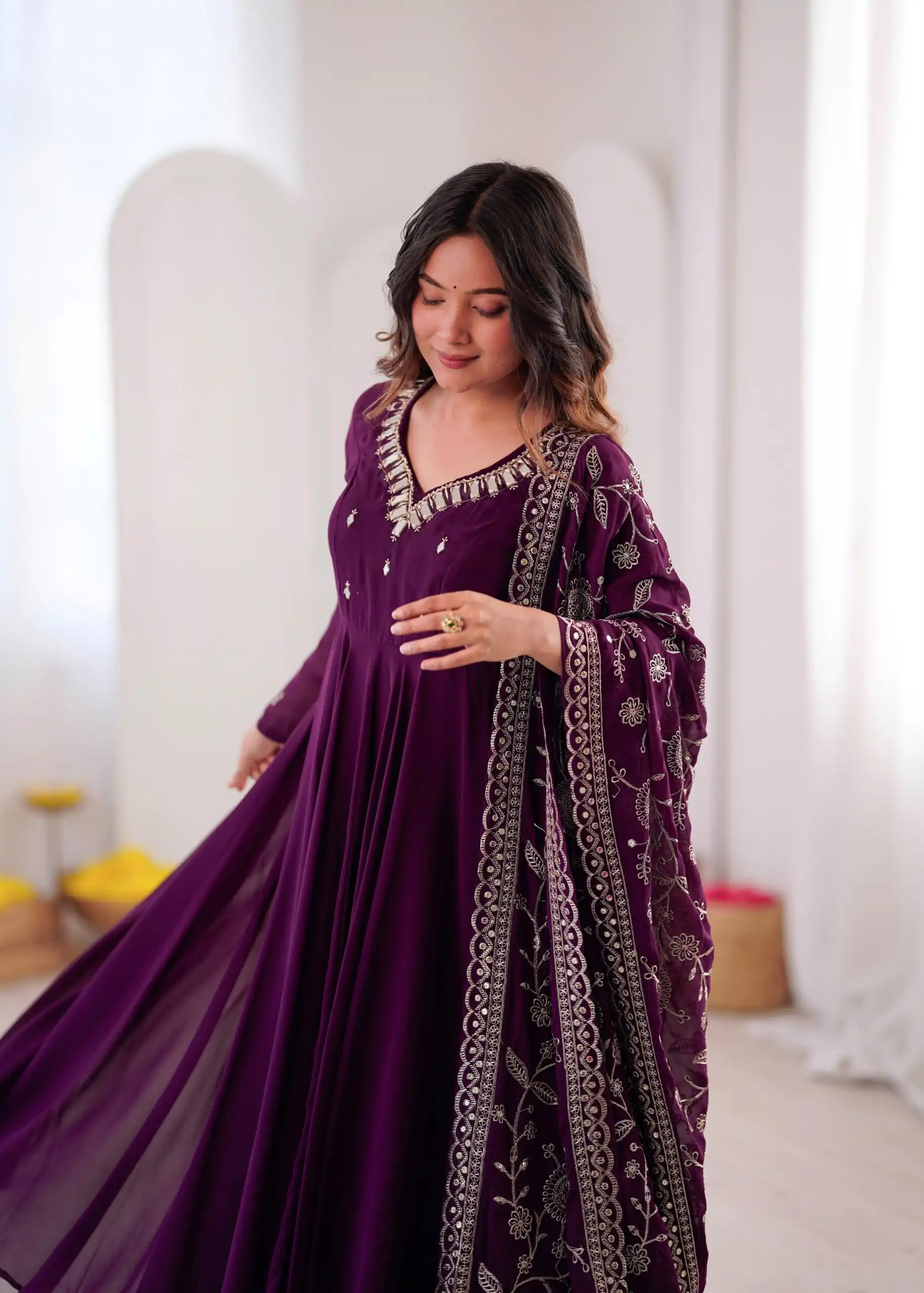 Shiny Wine Faux Georgette Embroidery Mirror Work Gown - Image 8