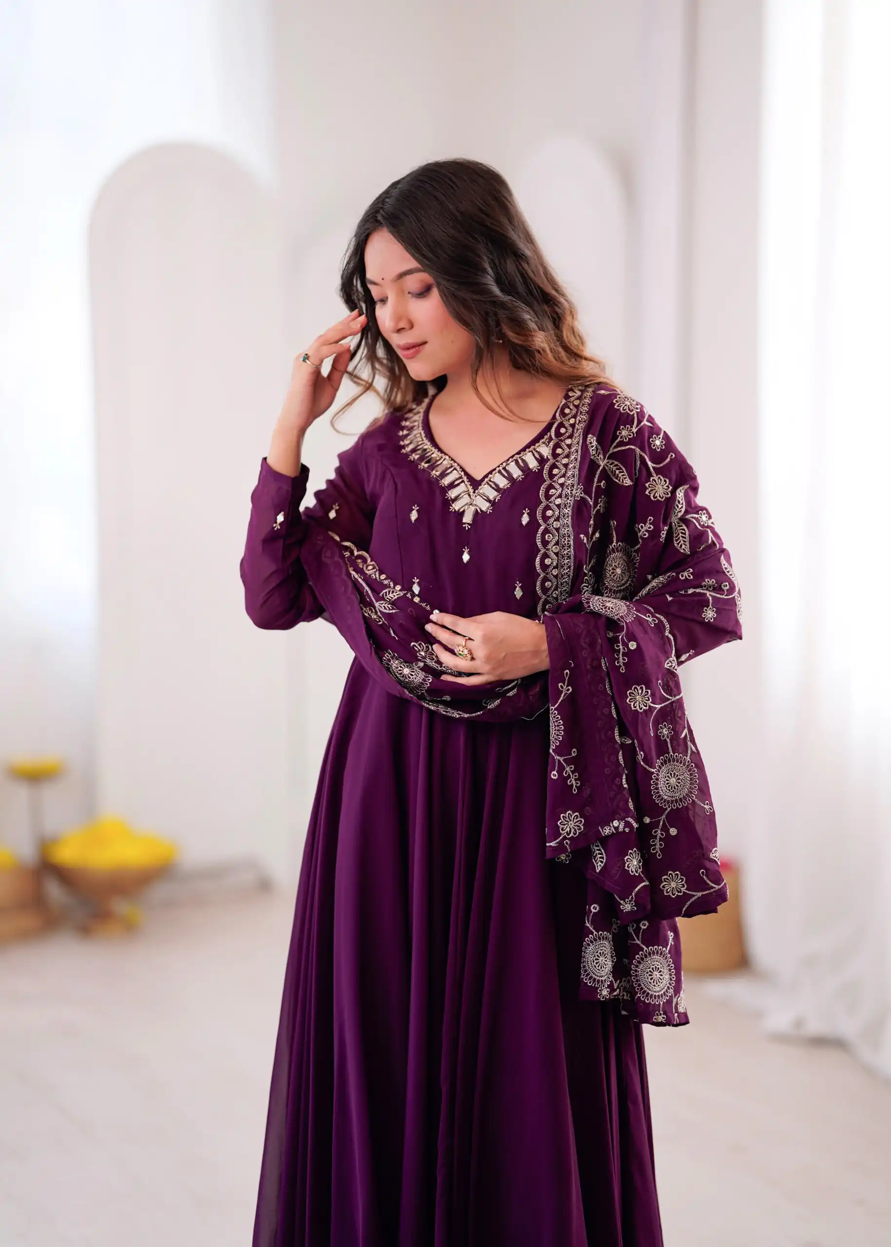 Shiny Wine Faux Georgette Embroidery Mirror Work Gown - Image 6