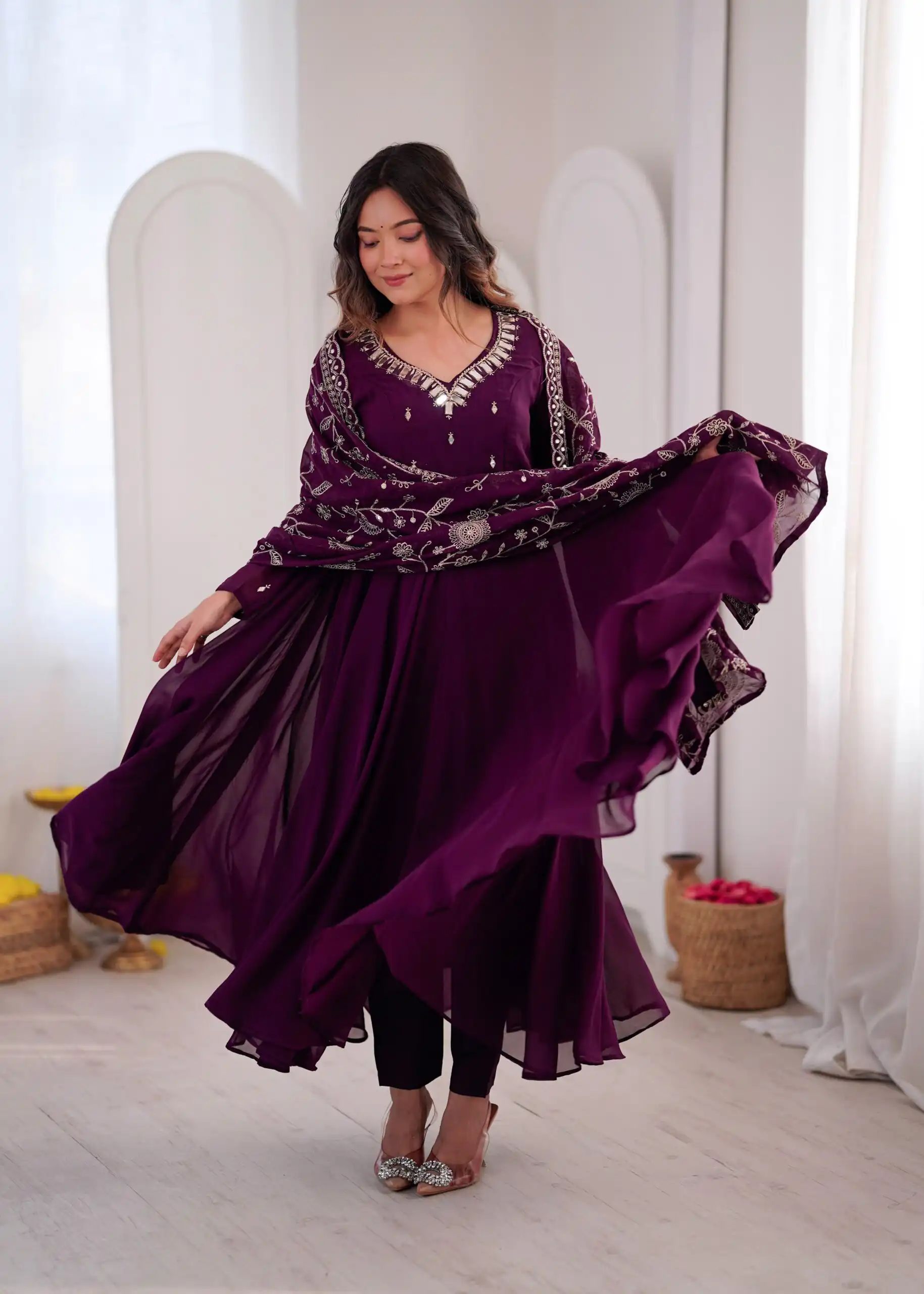 Shiny Wine Faux Georgette Embroidery Mirror Work Gown - Image 5